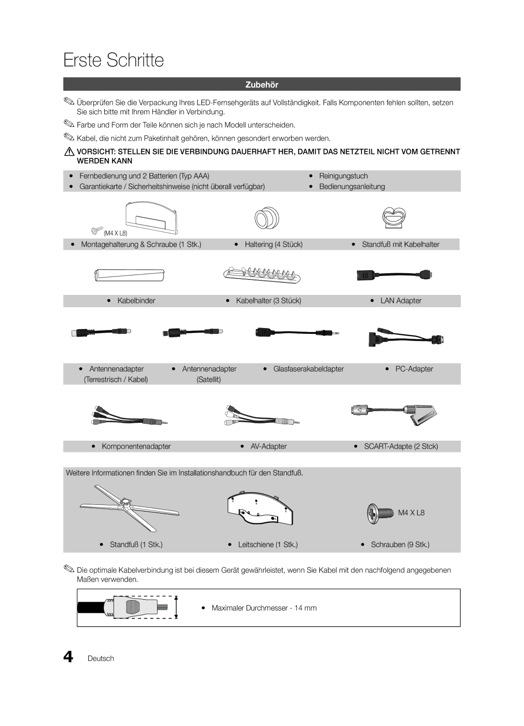 Samsung UE46C7700WZXZG, UE46C7700WSXXN, UE55C7700WSXXN manual Erste Schritte, Zubehör, Yy Montagehalterung & Schraube 1 Stk 