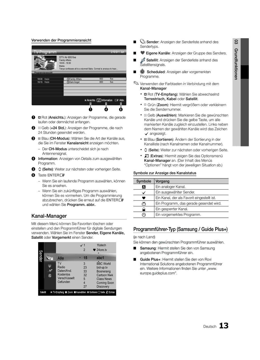 Samsung UE40C7700WSXZF manual Kanal-Manager, Programmführer-Typ Samsung / Guide Plus+, Verwenden der Programmieransicht 