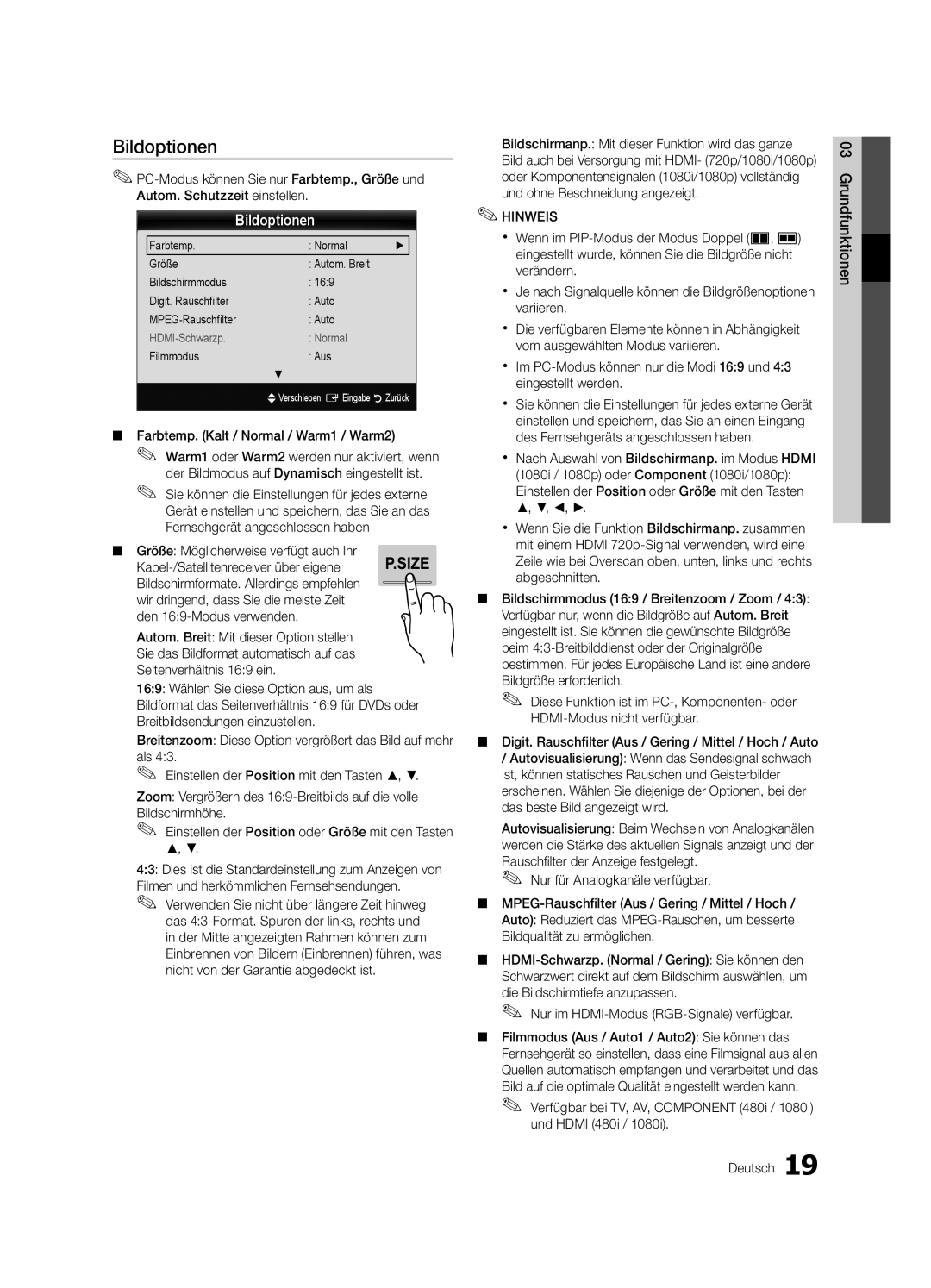 Samsung UE40C7700WSXXN manual Bildoptionen, Farbtemp. Kalt / Normal / Warm1 / Warm2, Größe Möglicherweise verfügt auch Ihr 