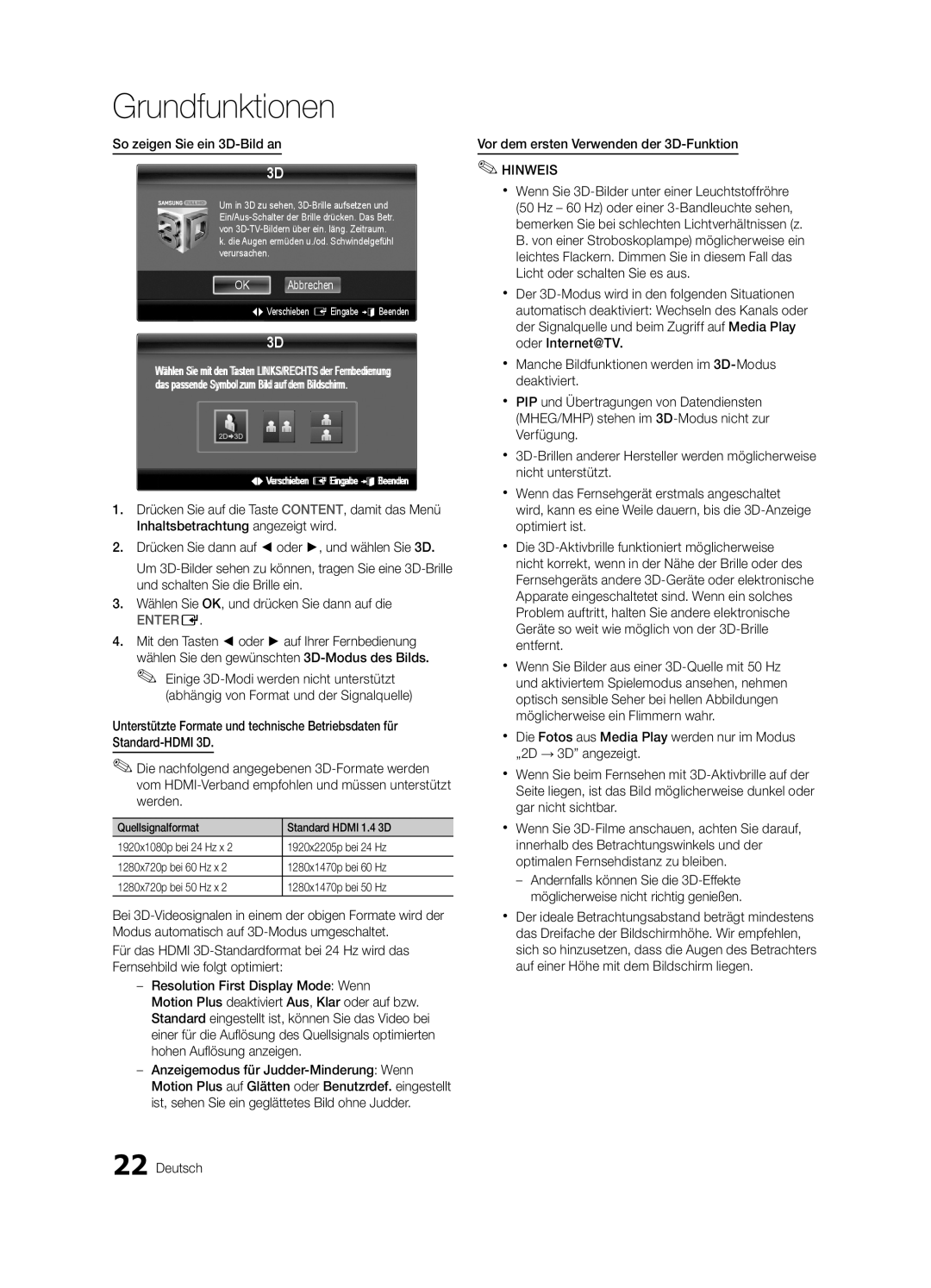 Samsung UE46C7700WSXZG, UE46C7700WZXZG manual So zeigen Sie ein 3D-Bild an, Deutsch Vor dem ersten Verwenden der 3D-Funktion 