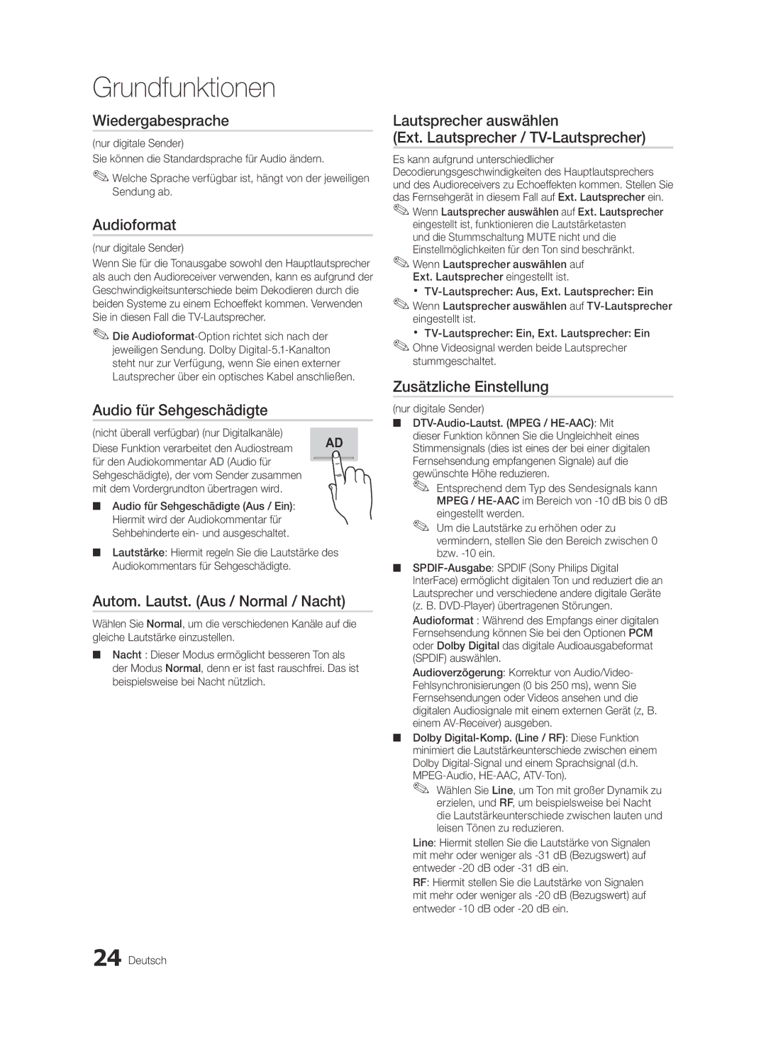 Samsung UE55C7700WSXZF manual Wiedergabesprache, Audioformat, Audio für Sehgeschädigte, Autom. Lautst. Aus / Normal / Nacht 