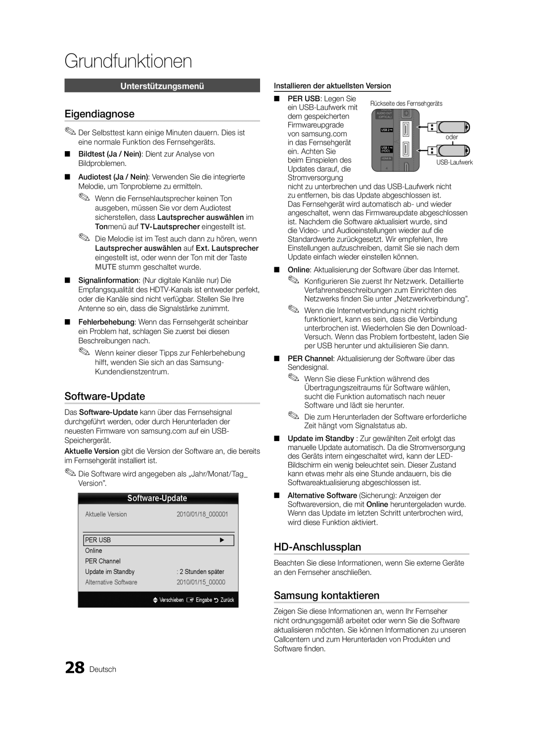 Samsung UE46C7700WZXZG, UE46C7700WSXXN manual Eigendiagnose, Software-Update, HD-Anschlussplan, Samsung kontaktieren 