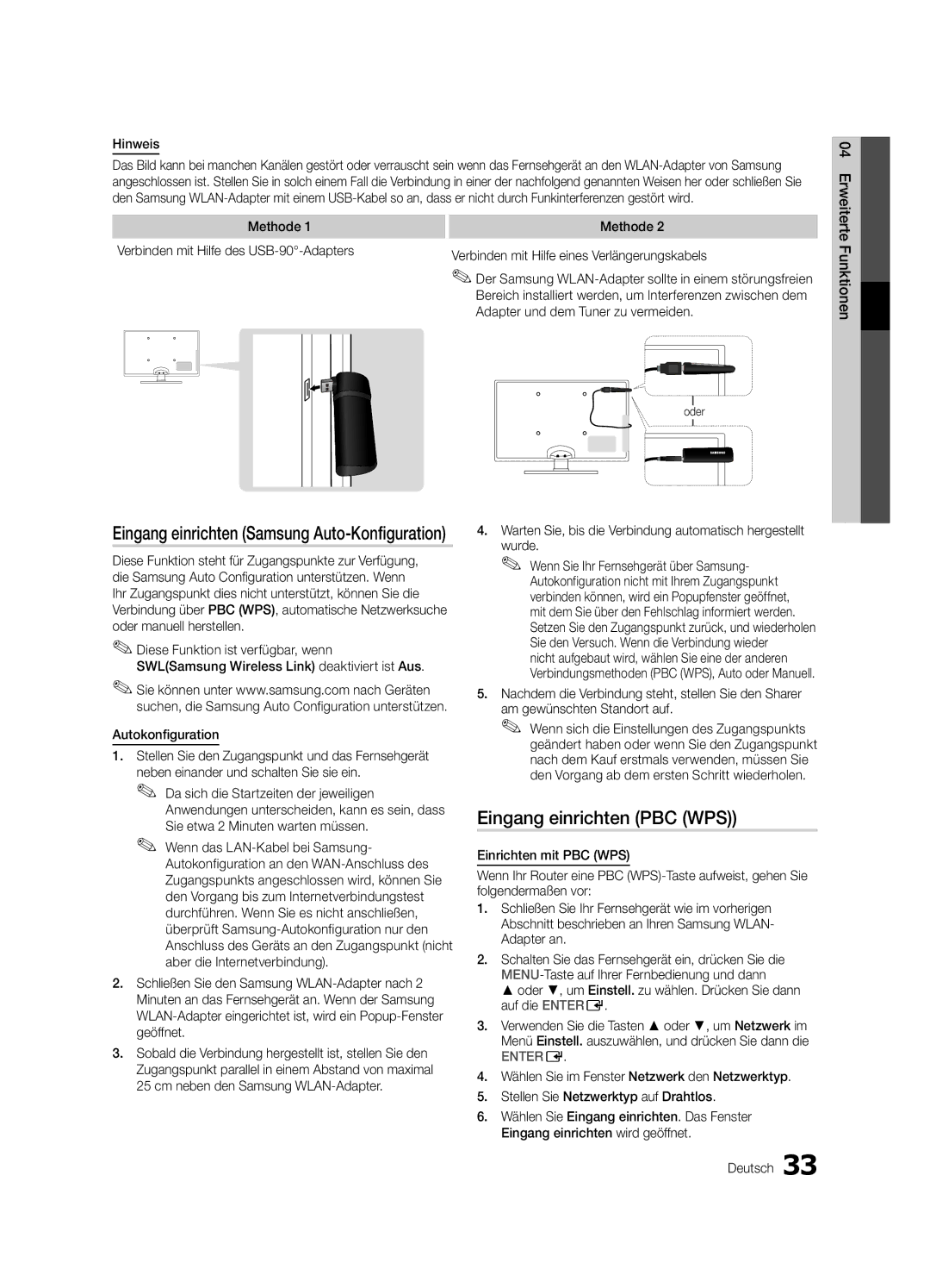 Samsung UE40C7700WSXZG Eingang einrichten Samsung Auto-Konfiguration, Eingang einrichten PBC WPS, Einrichten mit PBC WPS 