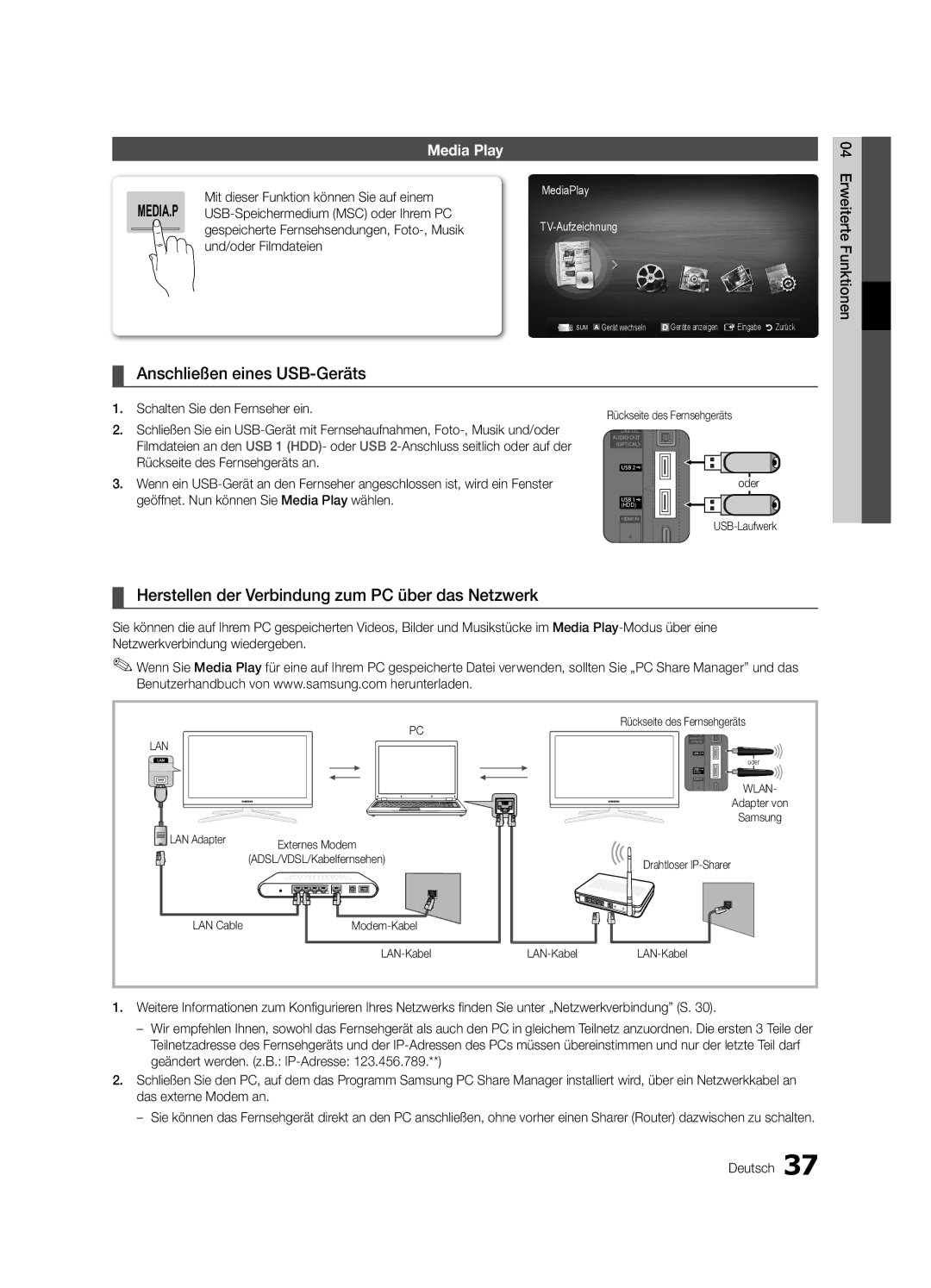 Samsung UE40C7700WSXZF, UE46C7700WZXZG Anschließen eines USB-Geräts, Herstellen der Verbindung zum PC über das Netzwerk 