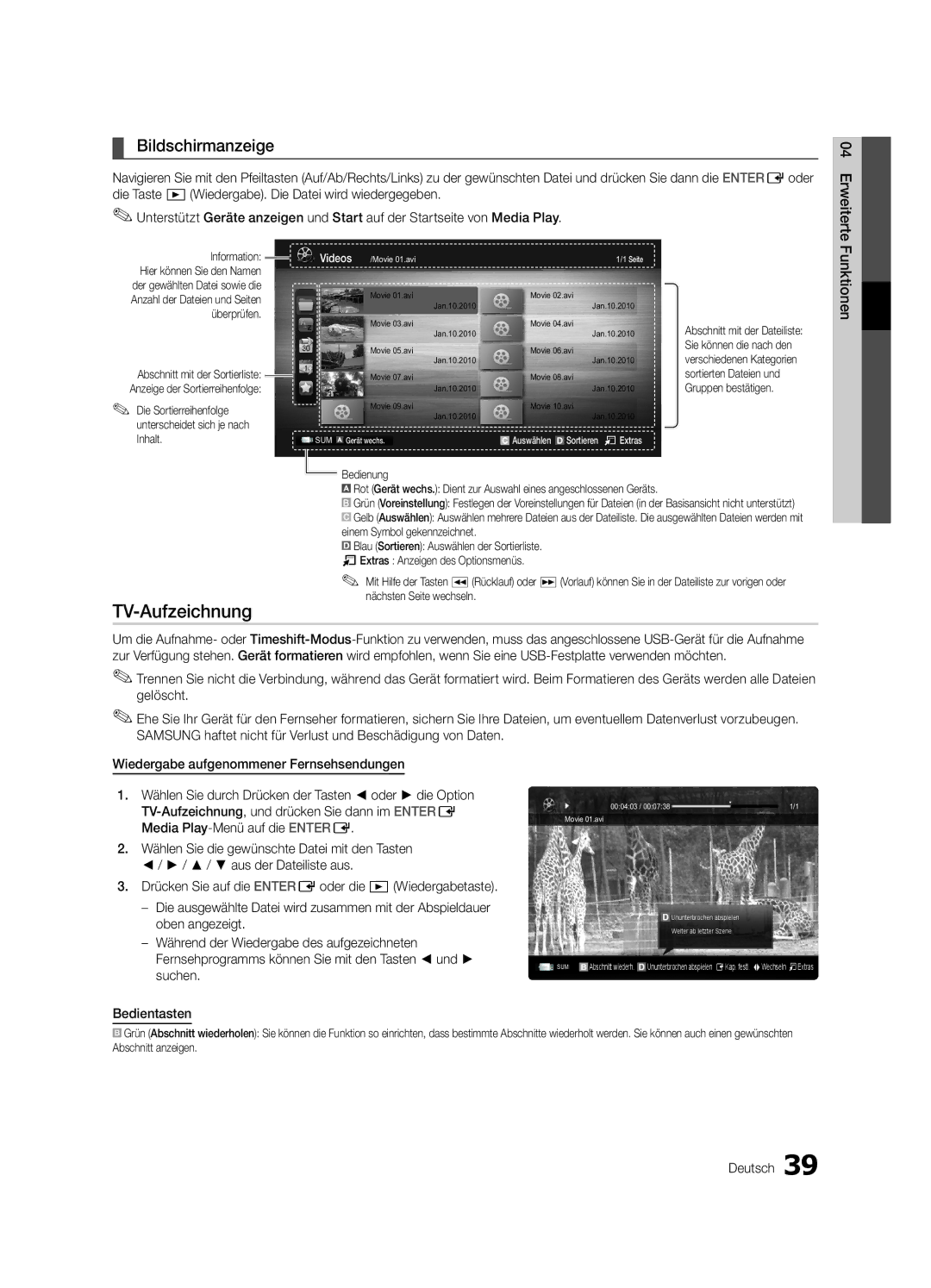 Samsung UE46C7000WWXXC, UE46C7700WZXZG, UE46C7700WSXXN, UE55C7700WSXXN, UE40C7700WSXXN TV-Aufzeichnung, Bildschirmanzeige 