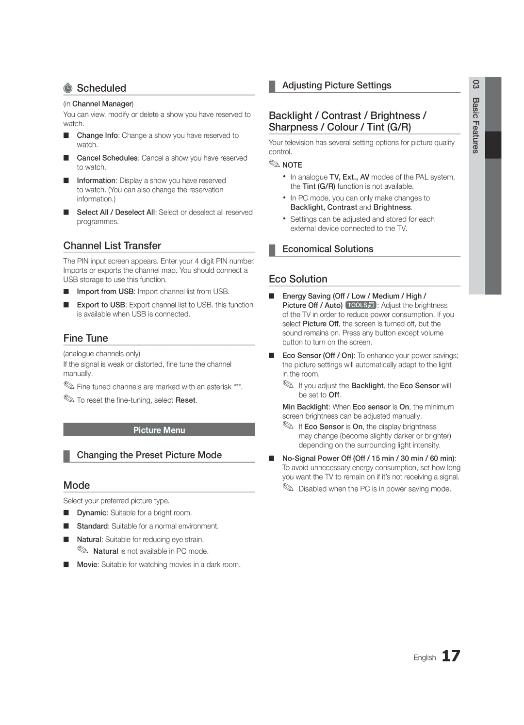 Samsung UE40C7700WSXZG, UE46C7700WZXZG, UE46C7700WSXXN manual Scheduled, Channel List Transfer, Fine Tune, Mode, Eco Solution 