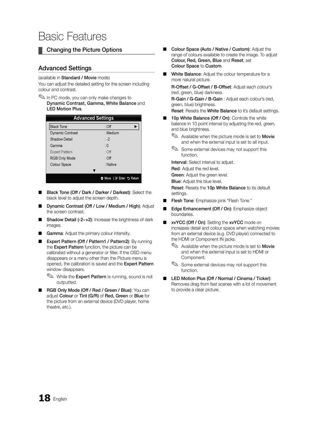 Samsung UE46C7700WSXZG, UE46C7700WZXZG, UE46C7700WSXXN, UE55C7700WSXXN manual Advanced Settings, Changing the Picture Options 