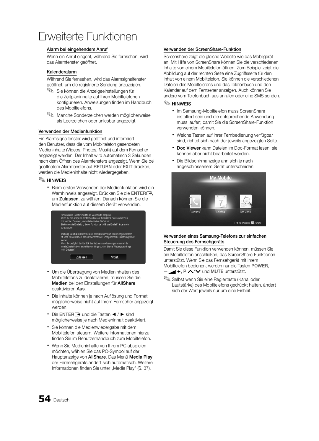 Samsung UE55C7700WSXXN, UE46C7700WZXZG, UE46C7700WSXXN Verwenden der Medienfunktion, Verwenden der ScreenShare-Funktion 