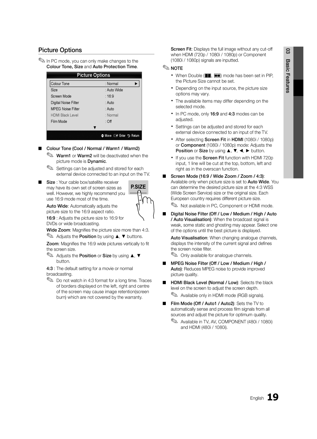 Samsung UE46C7700WSXZF manual Picture Options, Size Your cable box/satellite receiver, Use 169 mode most of the time 