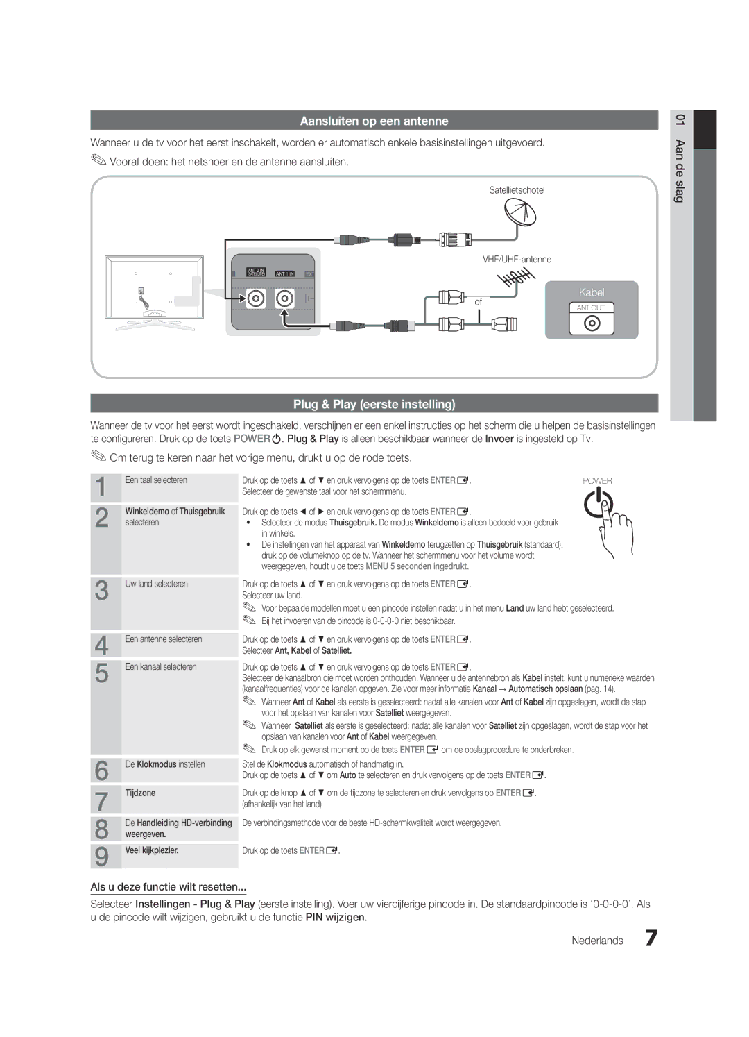 Samsung UE46C7700WSXZF, UE46C7700WZXZG, UE46C7700WSXXN manual Aansluiten op een antenne, Plug & Play eerste instelling 