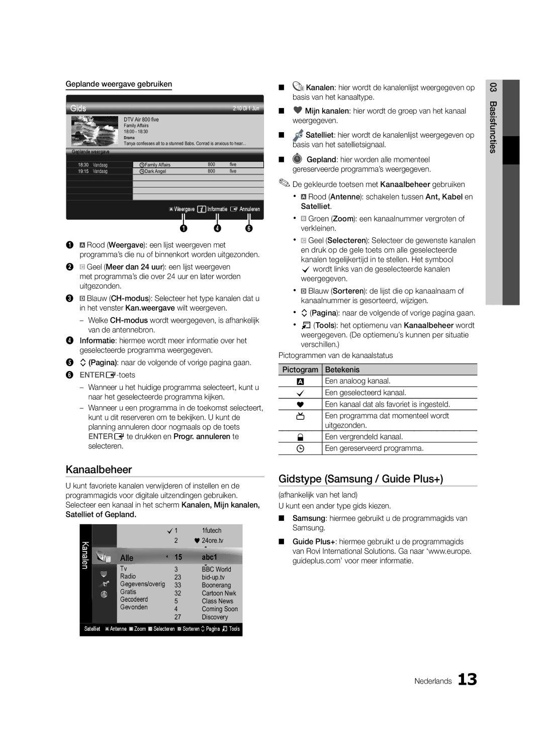 Samsung UE46C7700WSXXN, UE46C7700WZXZG manual Kanaalbeheer, Gidstype Samsung / Guide Plus+, Geplande weergave gebruiken 