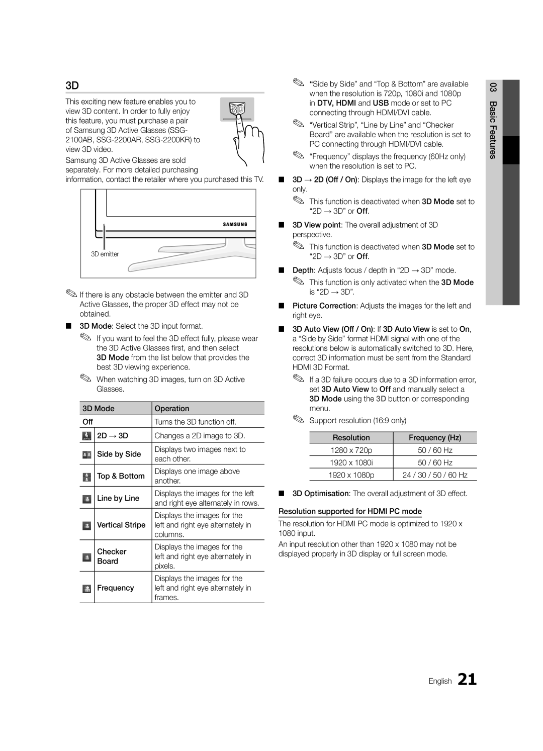 Samsung UE40C7700WSXZF manual Displays the images for, 60 Hz, Basic Features English, Right eye alternately in rows 