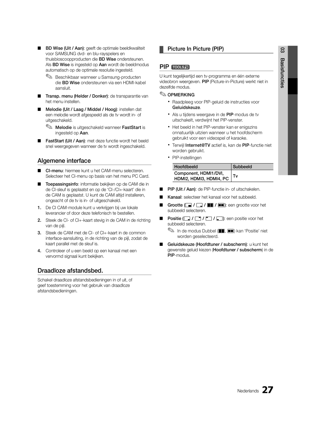 Samsung UE40C7700WSXXN, UE46C7700WZXZG, UE46C7700WSXXN, UE55C7700WSXXN manual Algemene interface, Draadloze afstandsbed 