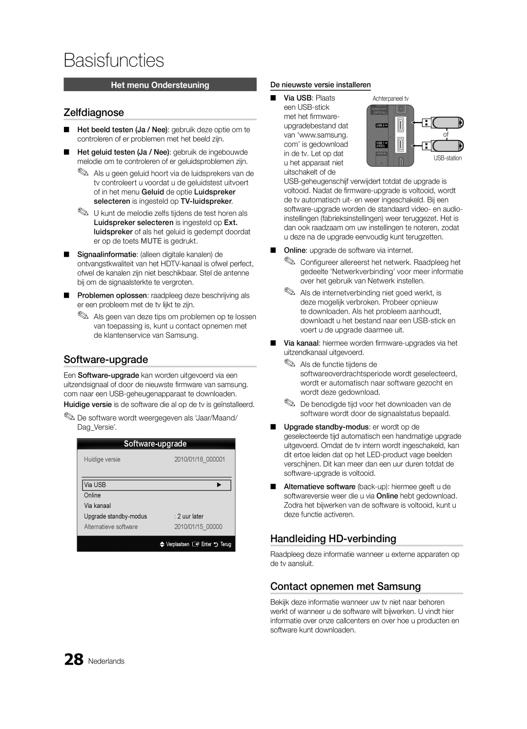 Samsung UE55C7700WSXZG manual Zelfdiagnose, Software-upgrade, Handleiding HD-verbinding, Contact opnemen met Samsung 