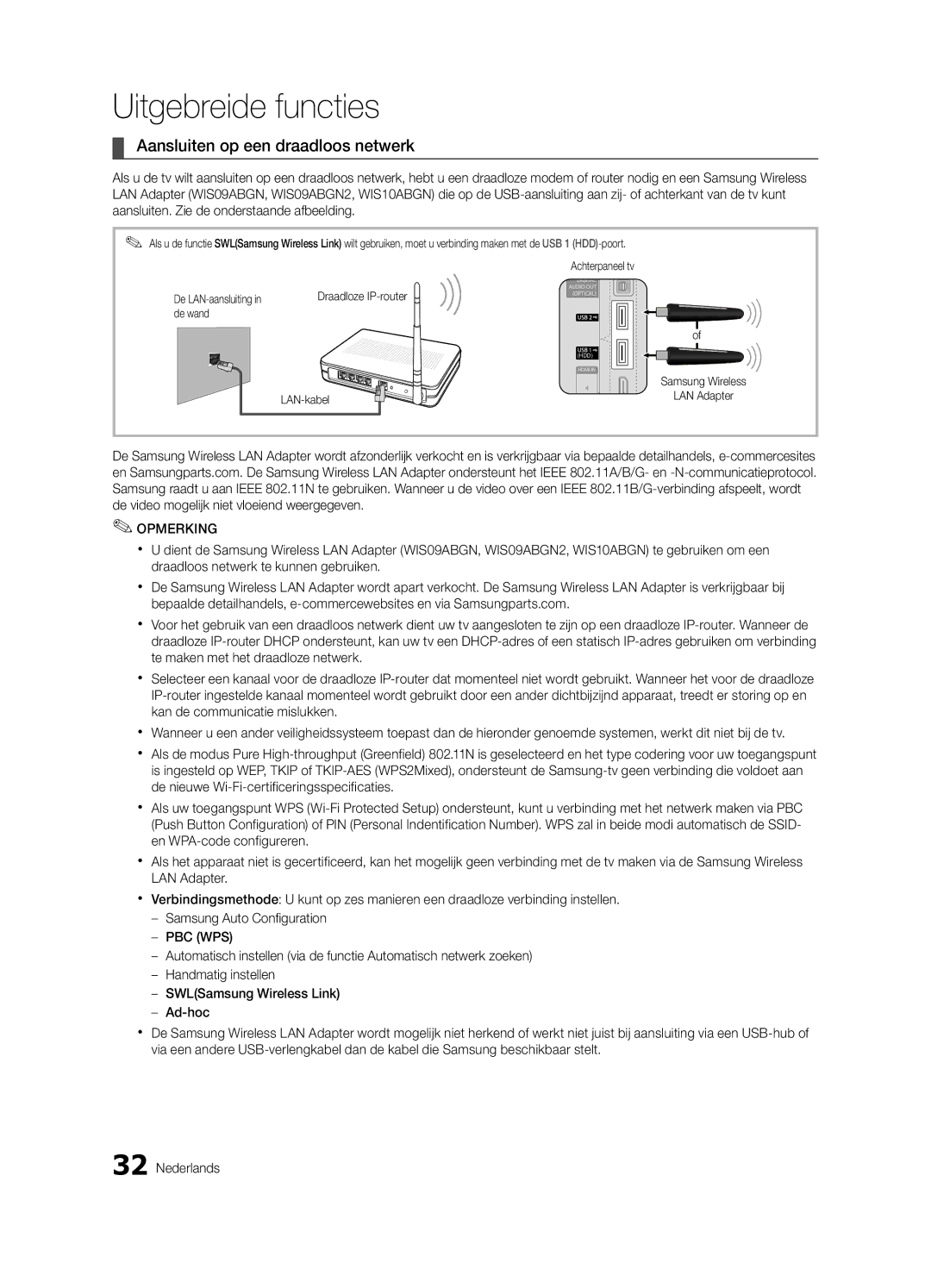 Samsung UE55C7700WSXZF, UE46C7700WZXZG, UE46C7700WSXXN Aansluiten op een draadloos netwerk, Draadloze IP-router De wand 