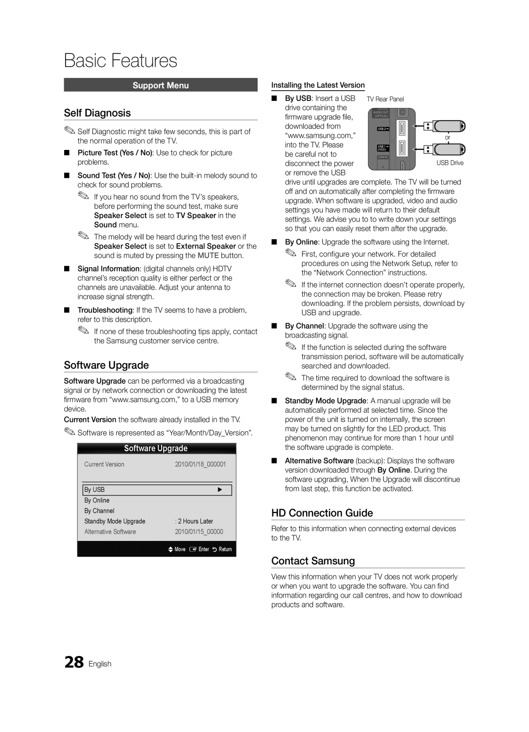 Samsung UE55C7700WSXZG, UE46C7700WZXZG manual Self Diagnosis, Software Upgrade, HD Connection Guide, Contact Samsung 