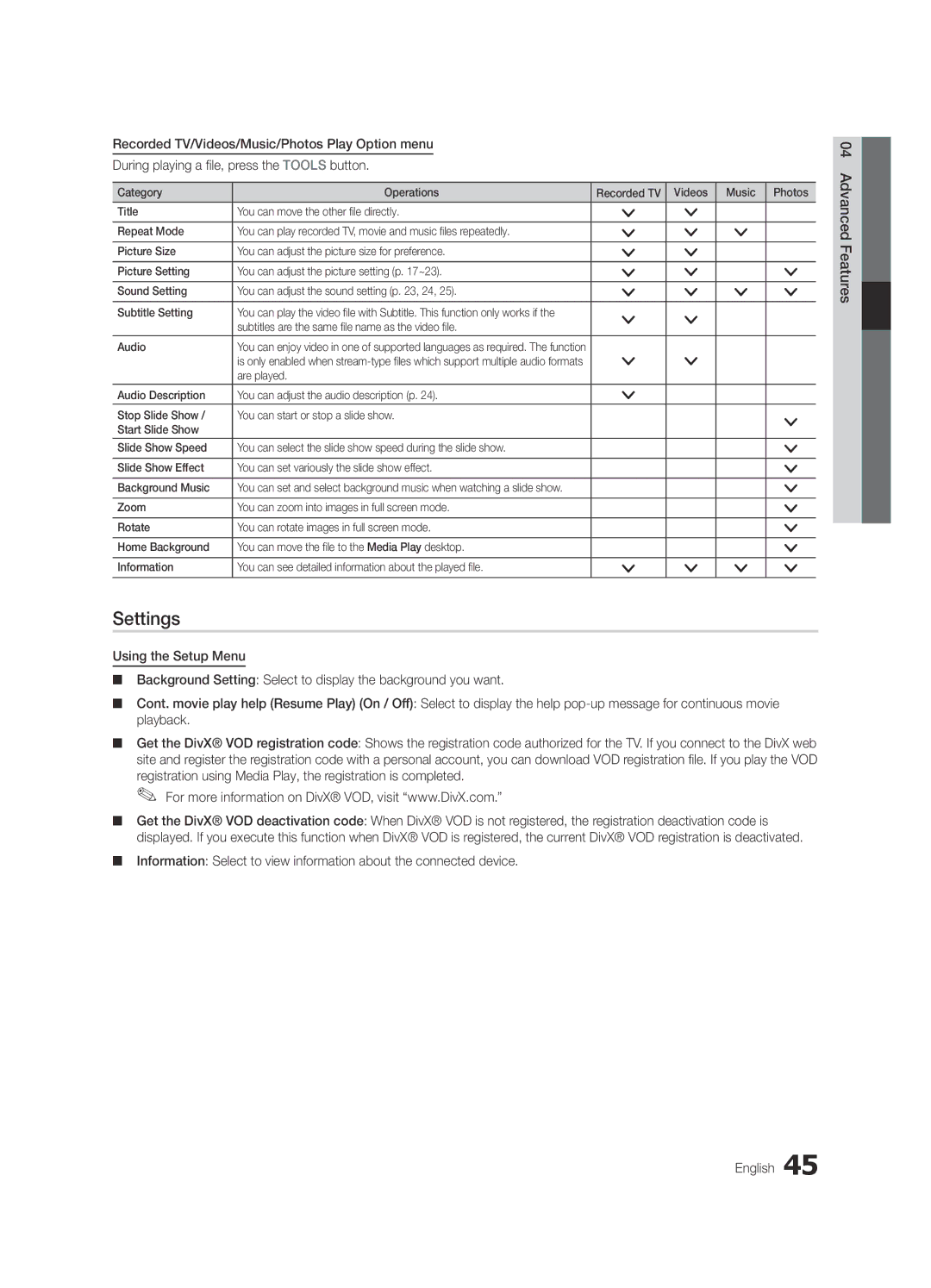 Samsung UE40C7700WSXZF, UE46C7700WZXZG Settings, Recorded TV/Videos/Music/Photos Play Option menu, Press the Tools button 