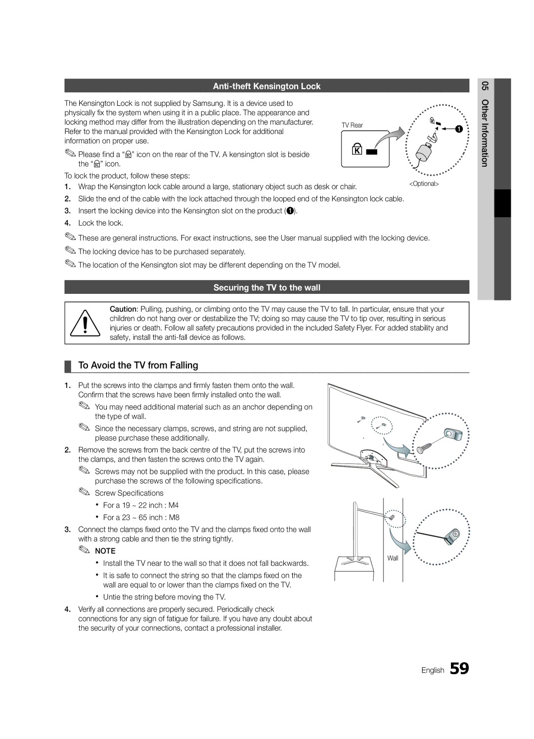 Samsung UE46C7000WWXXC manual To Avoid the TV from Falling, Anti-theft Kensington Lock, Securing the TV to the wall 