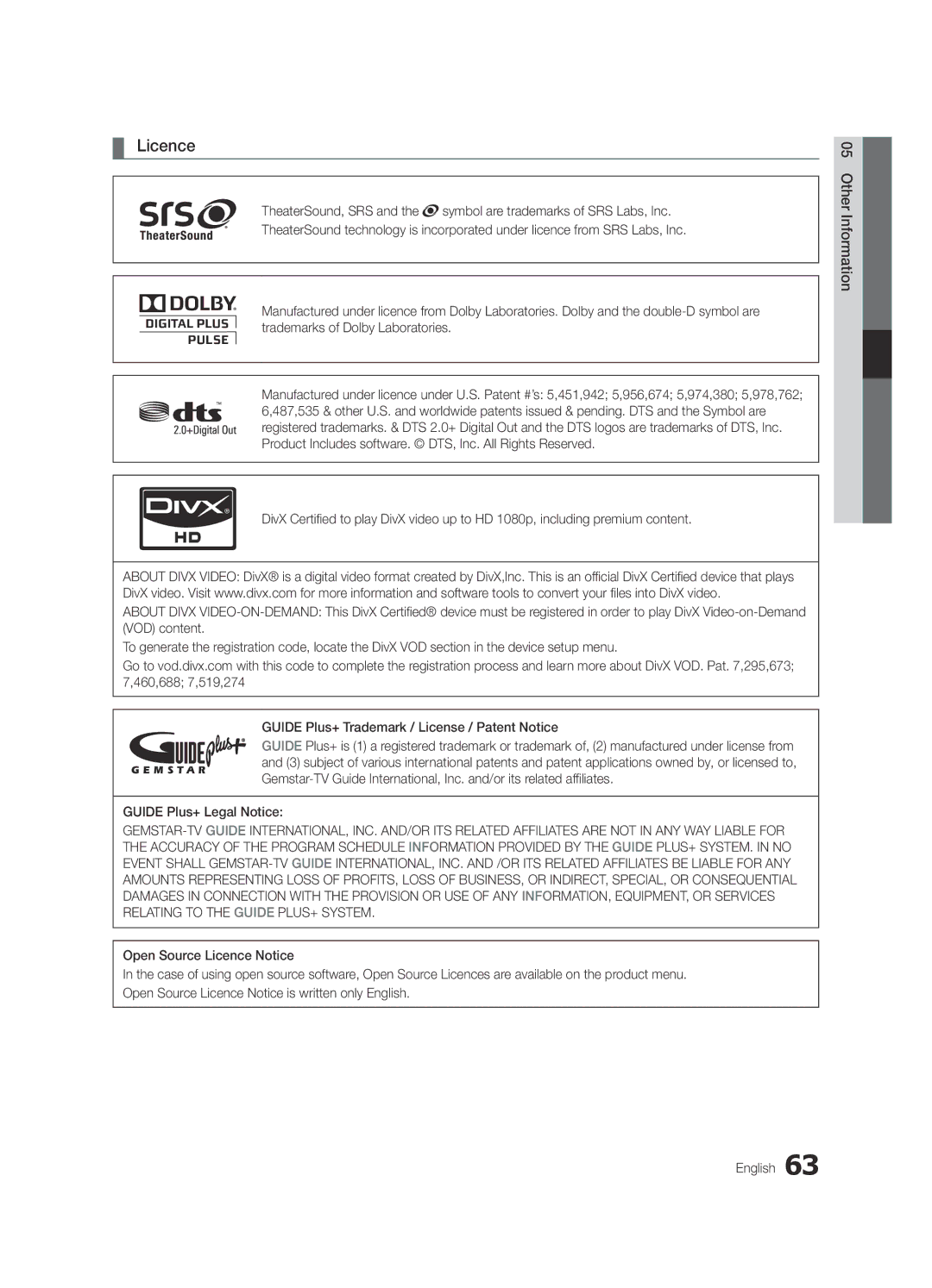 Samsung UE40C7700WSXXN, UE46C7700WZXZG, UE46C7700WSXXN, UE55C7700WSXXN, UE55C7700WSXZG manual Licence, Guide Plus+ Legal Notice 