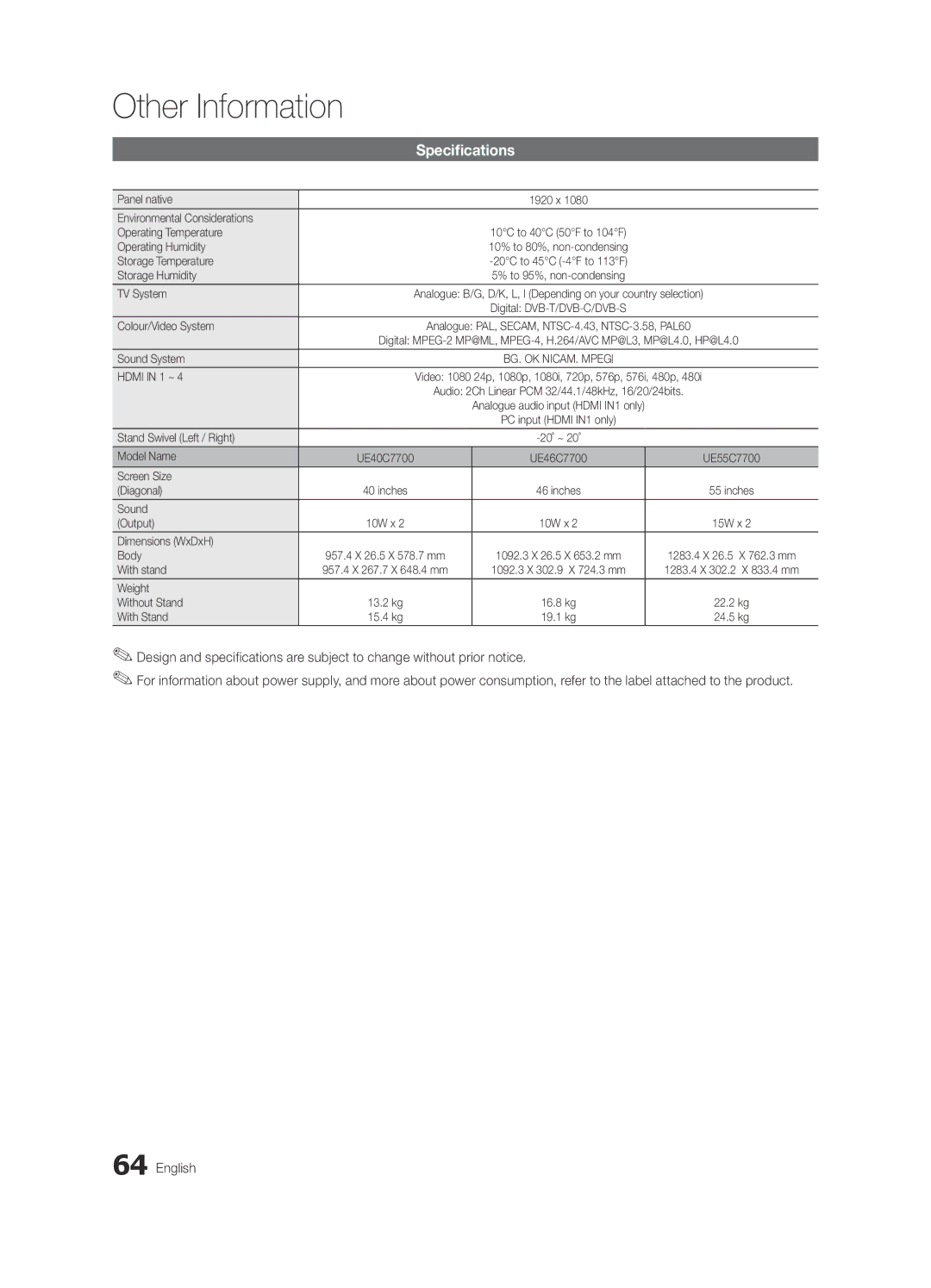 Samsung UE55C7700WSXZG, UE46C7700WZXZG, UE46C7700WSXXN, UE55C7700WSXXN, UE40C7700WSXXN, UE40C7700WSXZG manual Specifications 