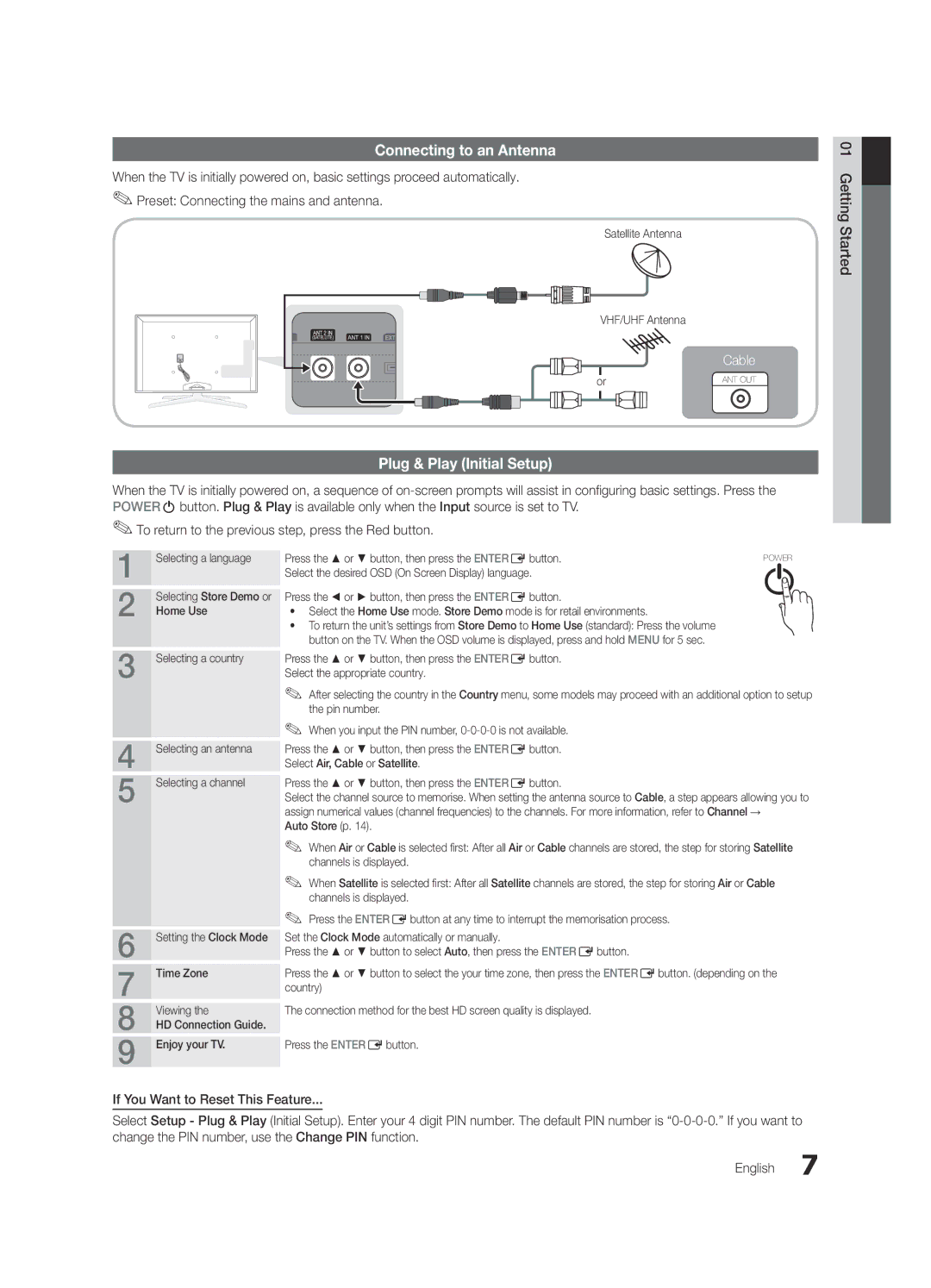 Samsung UE46C7700WSXZF, UE46C7700WZXZG, UE46C7700WSXXN, UE55C7700WSXXN Connecting to an Antenna, Plug & Play Initial Setup 