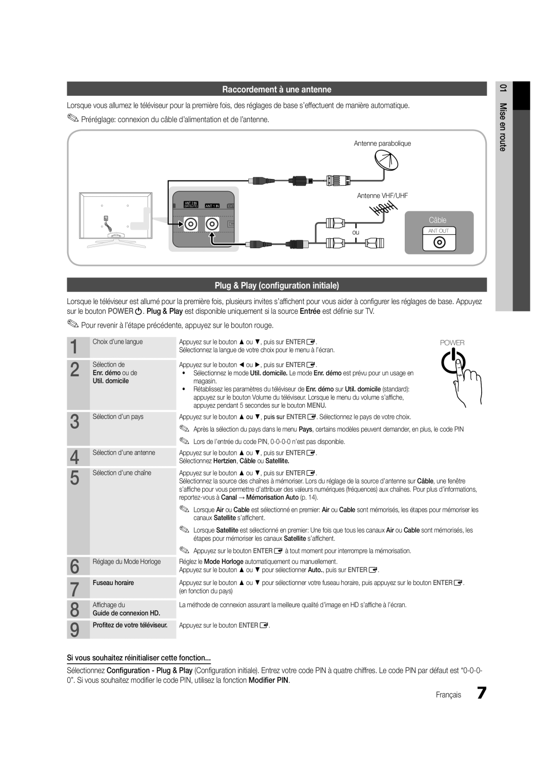 Samsung UE46C7000WWXXC, UE46C7700WZXZG, UE46C7700WSXXN manual Raccordement à une antenne, Plug & Play configuration initiale 