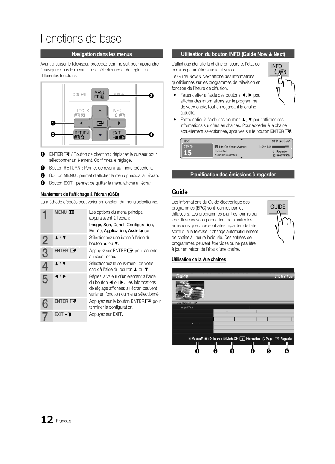 Samsung UE55C7700WSXZG manual Fonctions de base, Navigation dans les menus, Utilisation du bouton Info Guide Now & Next 