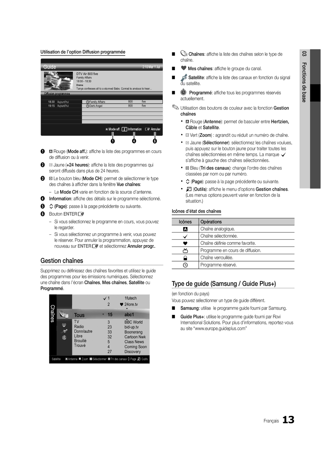 Samsung UE40C7700WSXZG Gestion chaînes, Type de guide Samsung / Guide Plus+, Utilisation de l’option Diffusion programmée 