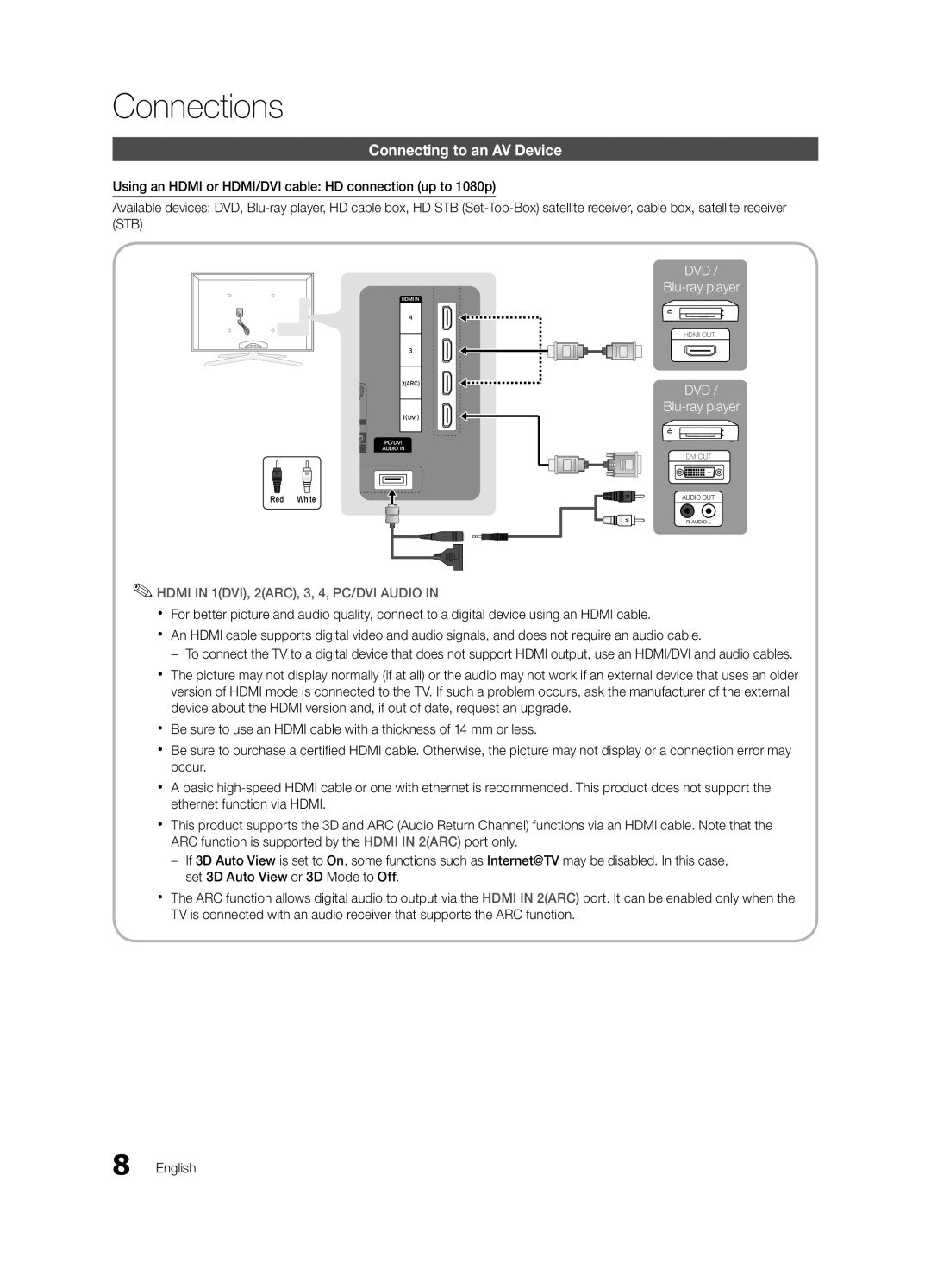 Samsung UE55C7700WSXZF, UE46C7700WZXZG, UE46C7700WSXXN, UE55C7700WSXXN manual Connections, Connecting to an AV Device 