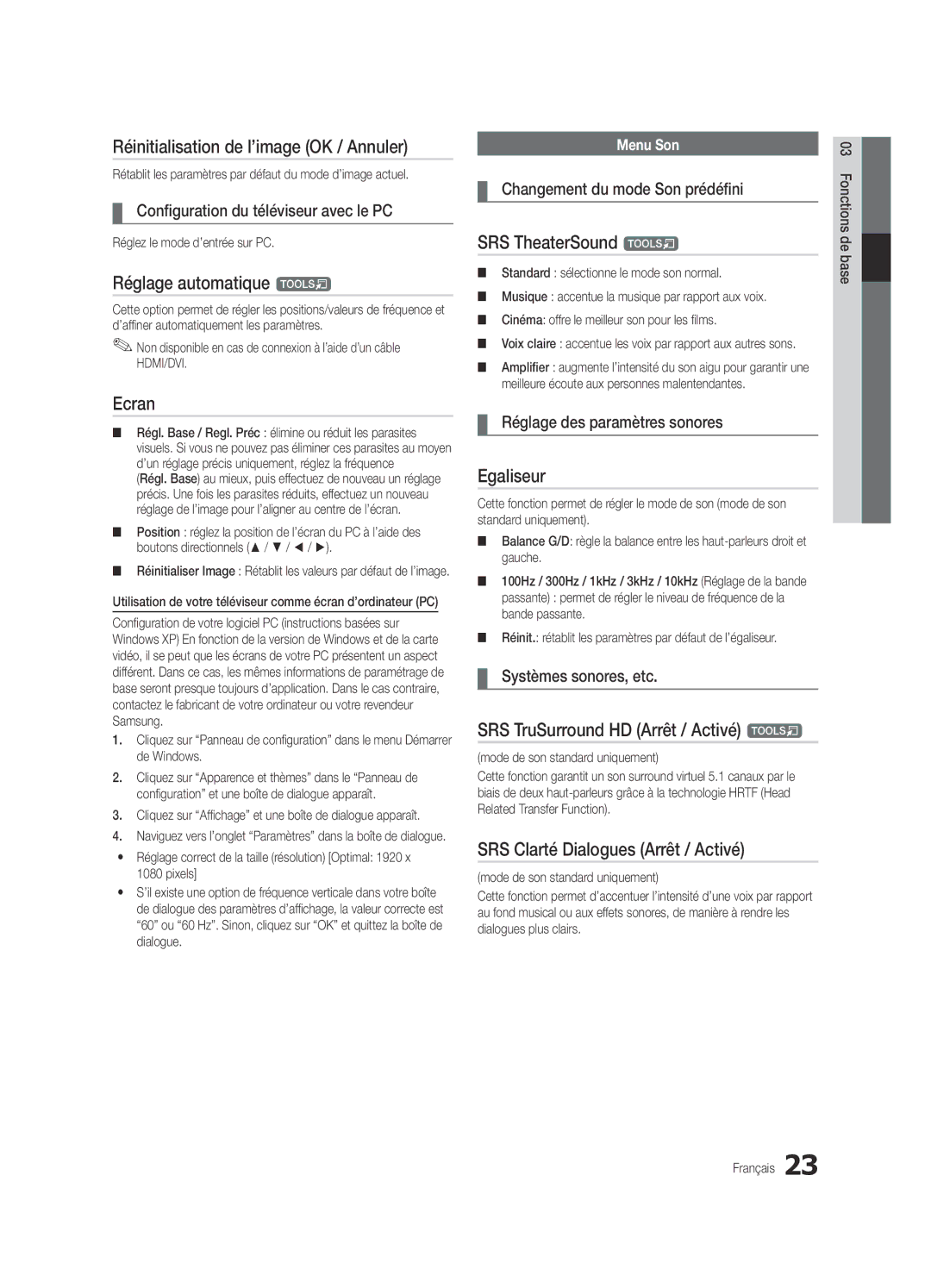 Samsung UE40C7700WSXXN, UE46C7700WZXZG Réinitialisation de l’image OK / Annuler, Réglage automatique t, Ecran, Egaliseur 