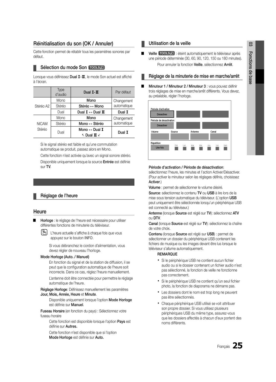 Samsung UE40C7700WSXZG manual Réinitialisation du son OK / Annuler, Heure, Sélection du mode Son t, Réglage de l’heure 