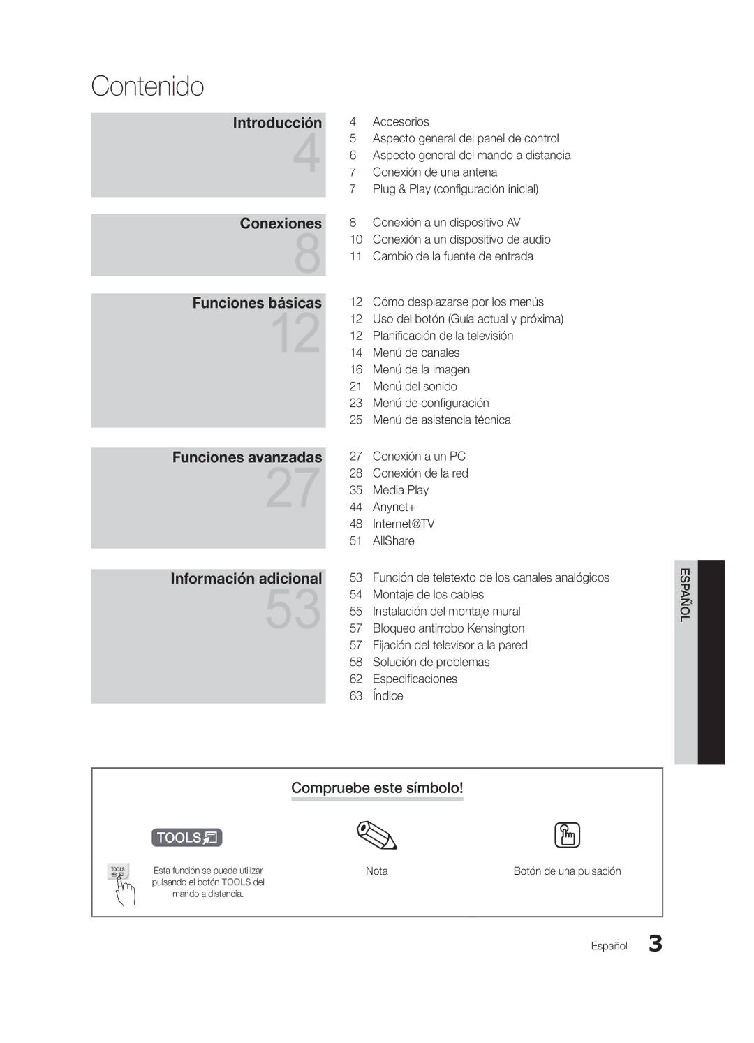 Samsung UE55C8000XWXXH, UE46C8000XWXXC, UE40C8000XWXXC manual Contenido, Compruebe este símbolo, Nota, Botón de una pulsación 