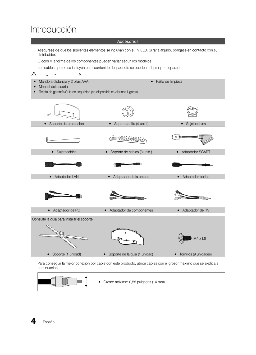 Samsung UE40C8000XWXXH Introducción, Accesorios, Yy Soporte de cables 3 unid, Yy Adaptador LAN Yy Adaptador de la antena 