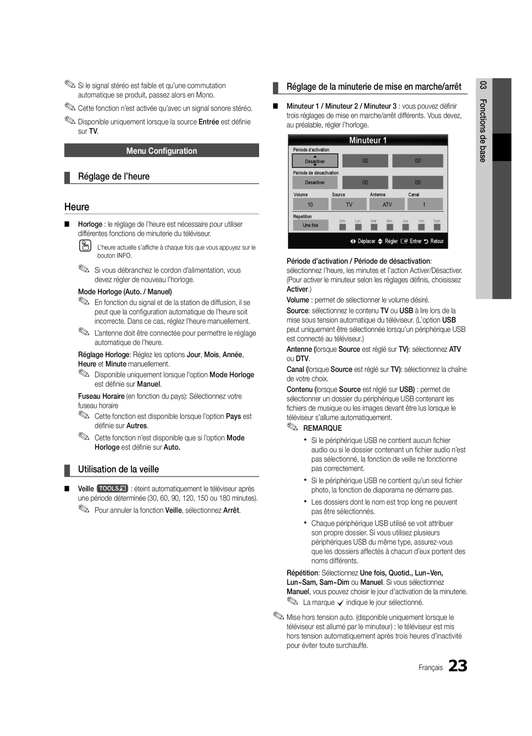 Samsung UE46C8000XWXXH, UE46C8000XWXXC Heure, Réglage de l’heure, Utilisation de la veille, Menu Configuration, Minuteur 