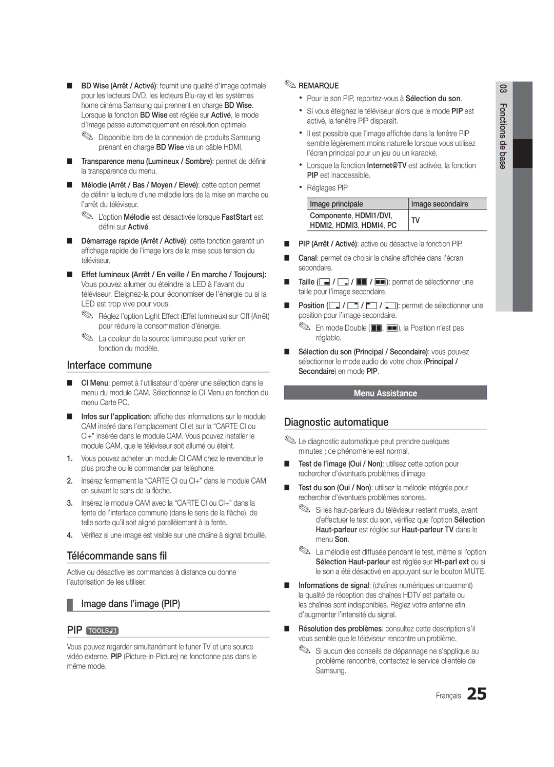 Samsung UE40C8000XWXXH manual Interface commune, Télécommande sans fil, Diagnostic automatique, Image dans l’image PIP 