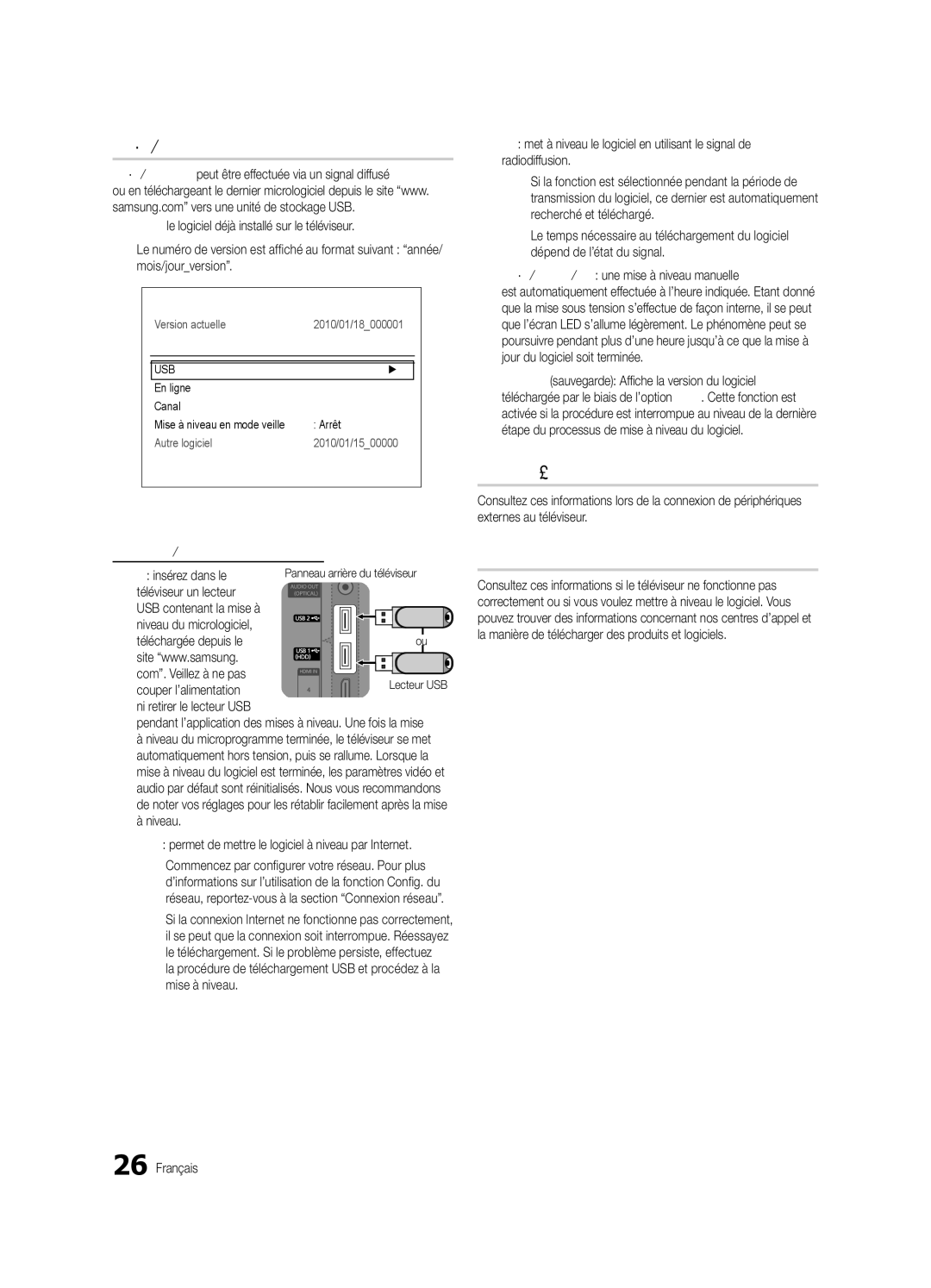 Samsung UE55C8000XWXXC, UE46C8000XWXXC, UE40C8000XWXXC Mise à niveau du logiciel, Guide de connexion HD, Contacter Samsung 