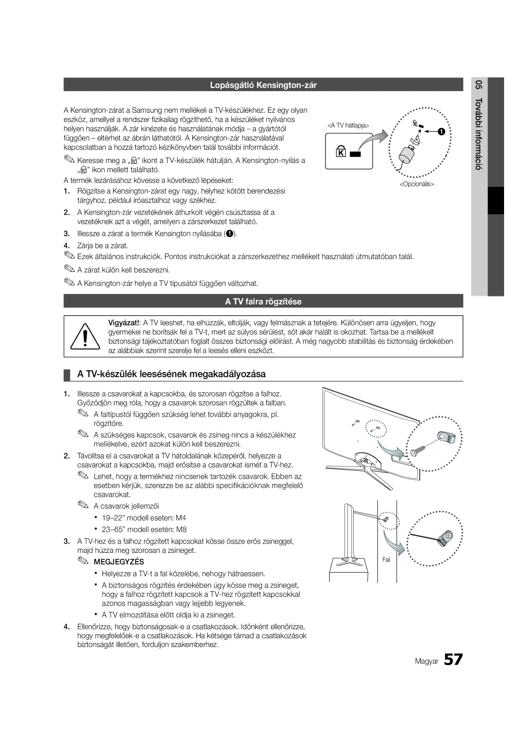 Samsung UE55C8000XWXXC manual TV-készülék leesésének megakadályozása, Lopásgátló Kensington-zár, TV falra rögzítése 