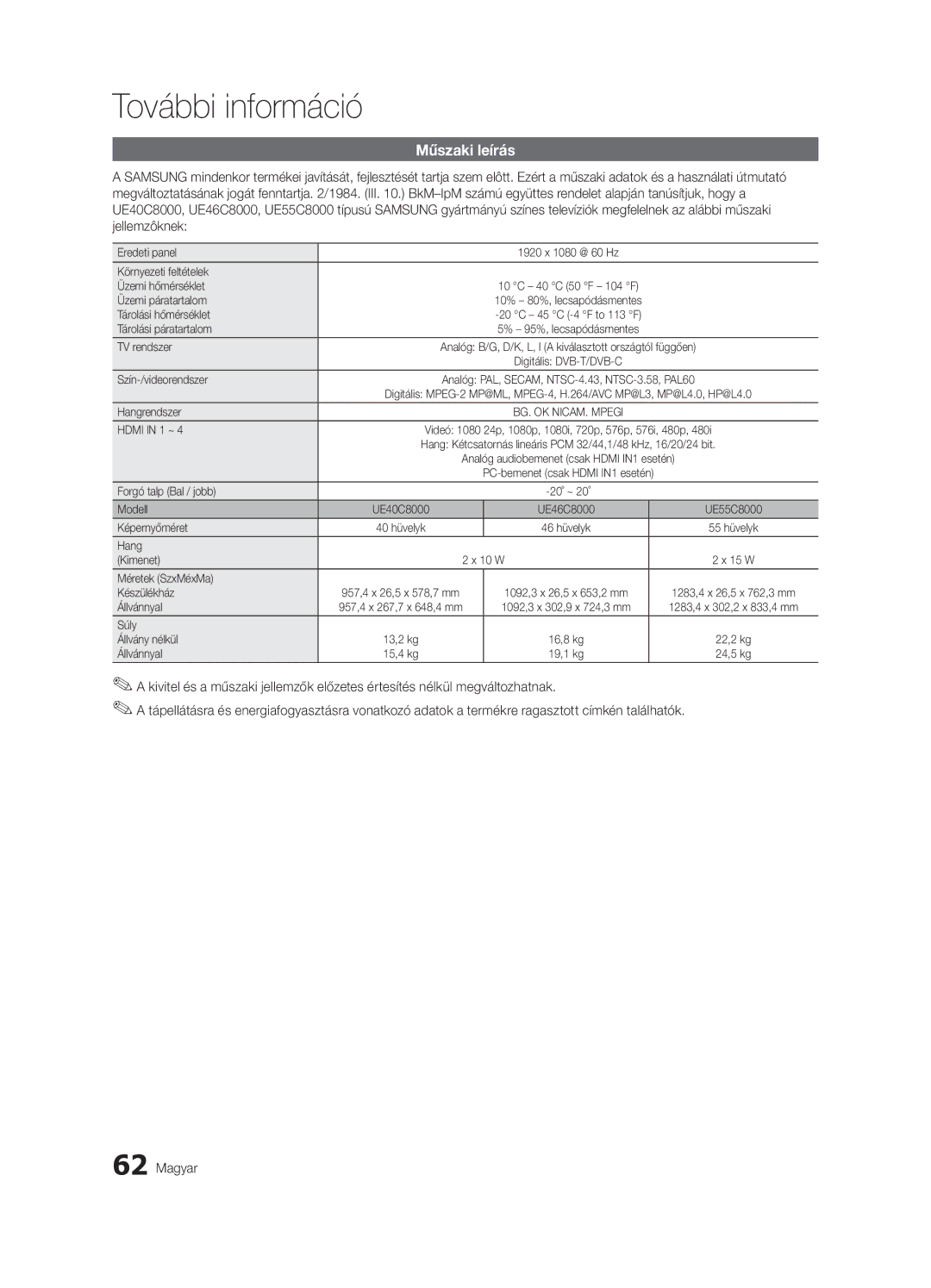 Samsung UE40C8000XWXXC, UE46C8000XWXXC, UE65C8000XWXXH, UE46C8790XSXZG, UE46C8790XSXZF, UE46C8000XWXXH manual Műszaki leírás 