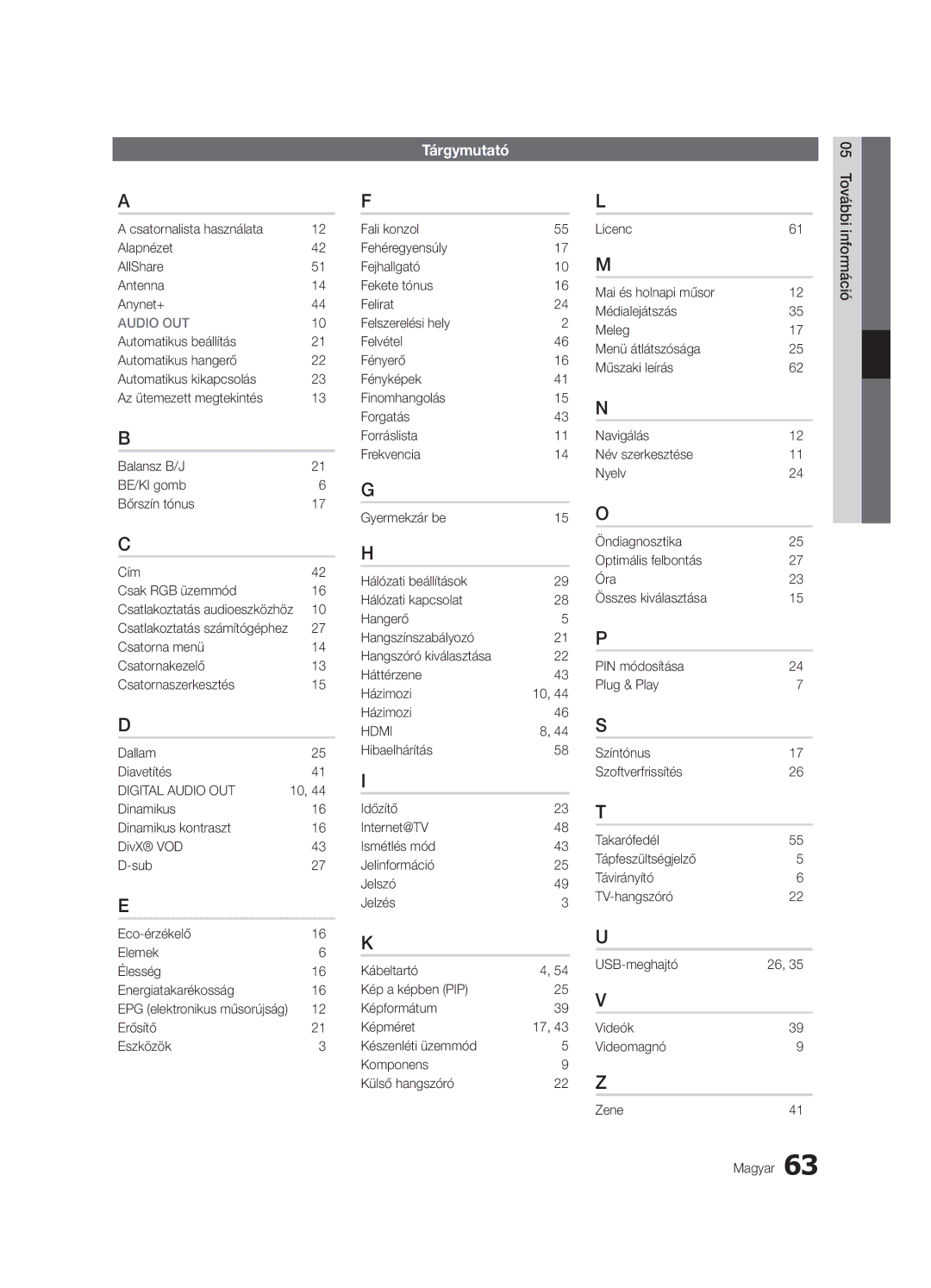 Samsung UE46C8000XWXXH manual Tárgymutató, Csatornalista használata Alapnézet AllShare Antenna Anynet+, Erősítő Eszközök 