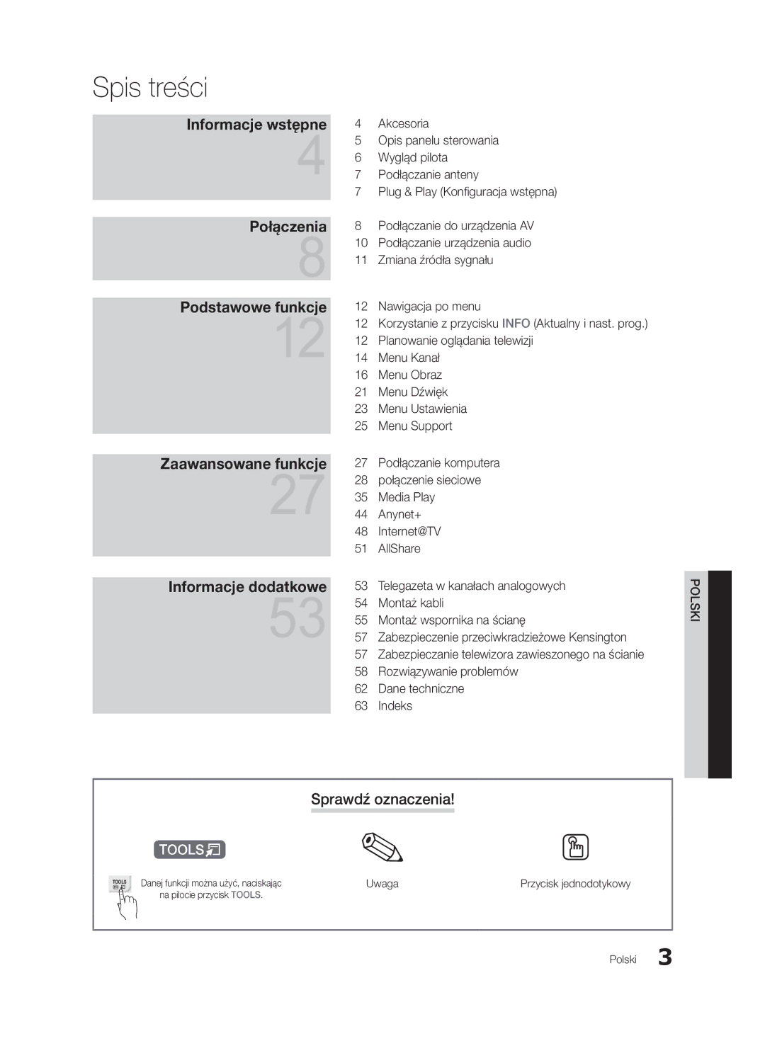 Samsung UE65C8000XWXXC, UE46C8000XWXXC, UE65C8000XWXXH manual Spis treści, Sprawdź oznaczenia, Uwaga, Przycisk jednodotykowy 