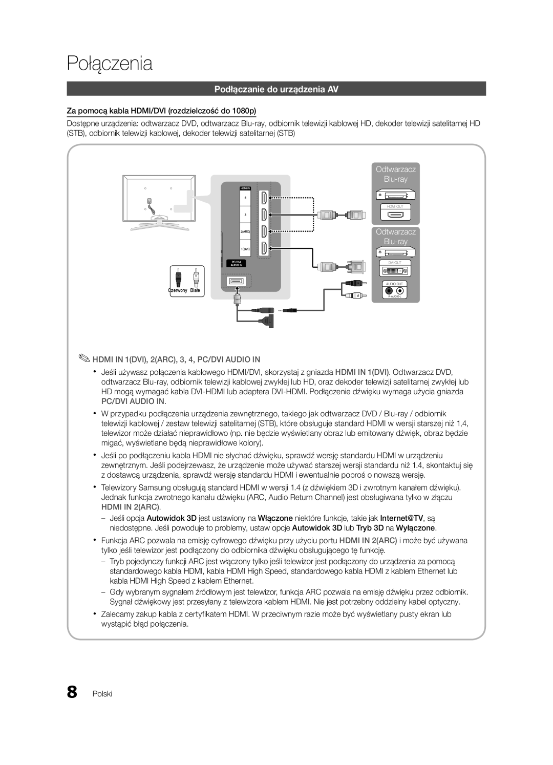 Samsung UE46C8790XSXZG, UE46C8000XWXXC, UE65C8000XWXXH, UE46C8790XSXZF manual Połączenia, Podłączanie do urządzenia AV 