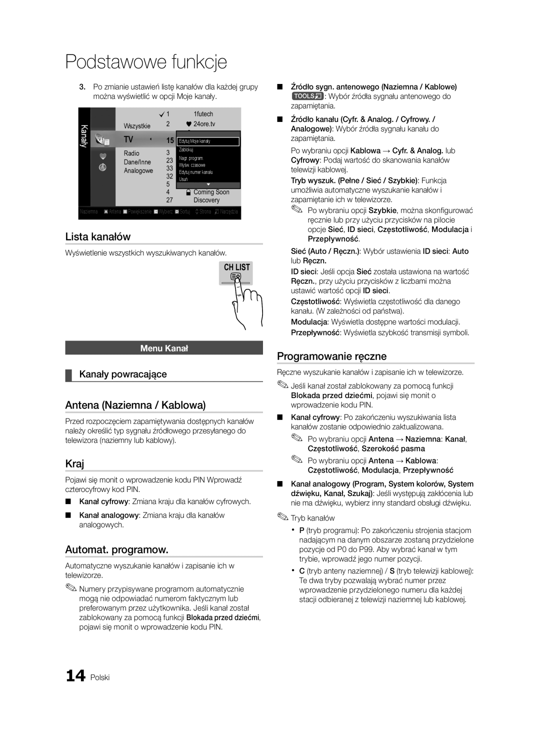 Samsung UE40C8000XWXXH manual Lista kanałów, Antena Naziemna / Kablowa, Kraj, Automat. programow, Programowanie ręczne 