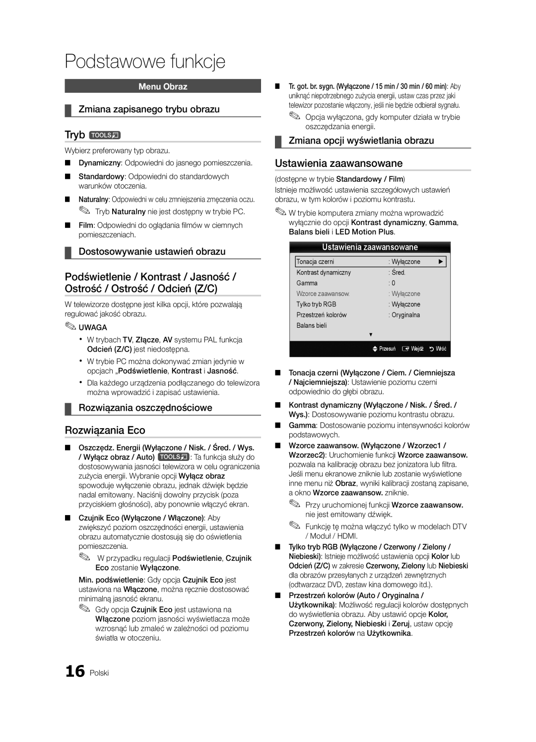 Samsung UE46C8000XWXXC, UE65C8000XWXXH, UE46C8790XSXZG, UE46C8790XSXZF manual Tryb t, Rozwiązania Eco, Ustawienia zaawansowane 