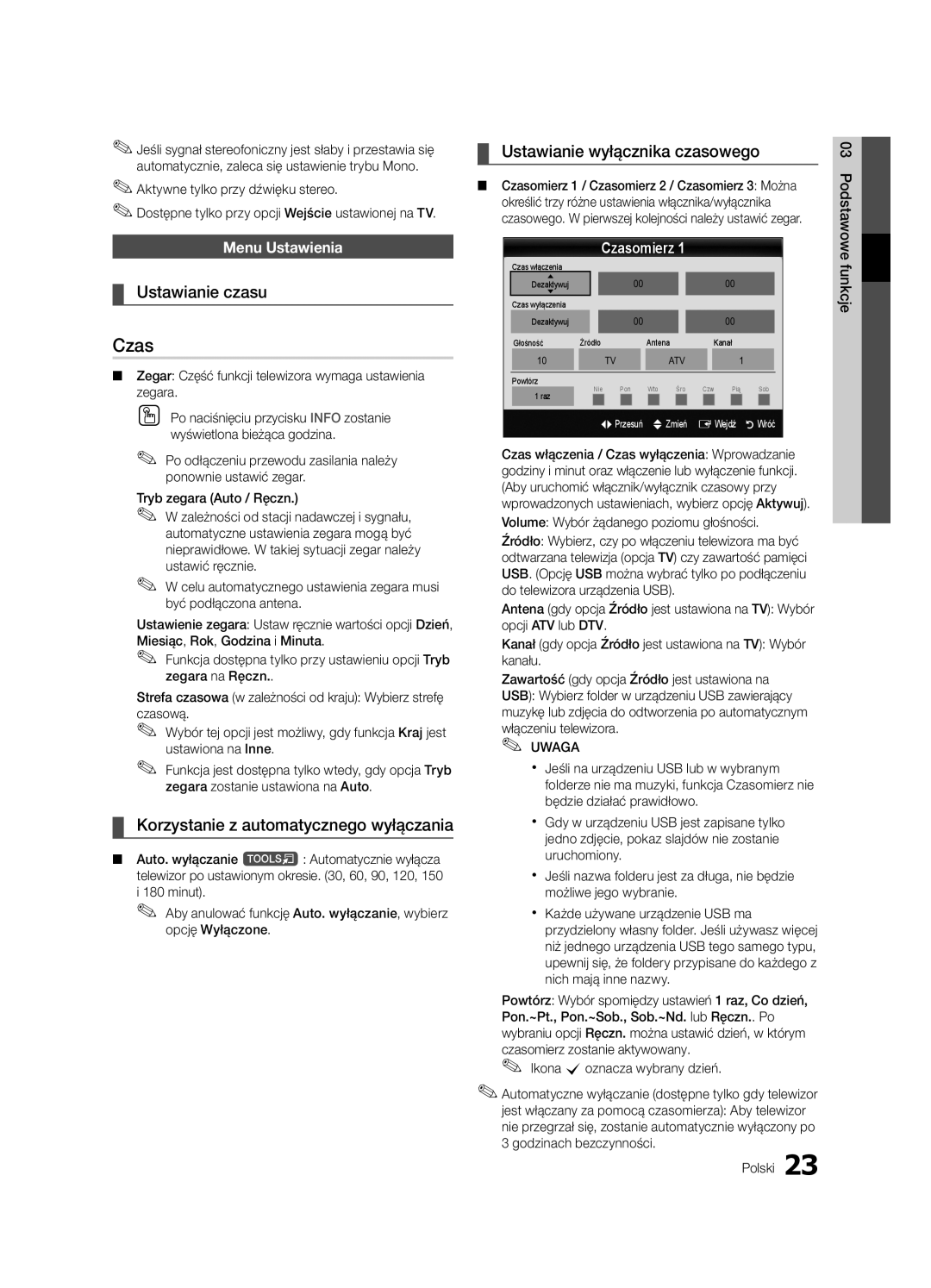 Samsung UE65C8000XWXXC Czas, Ustawianie czasu, Korzystanie z automatycznego wyłączania, Ustawianie wyłącznika czasowego 