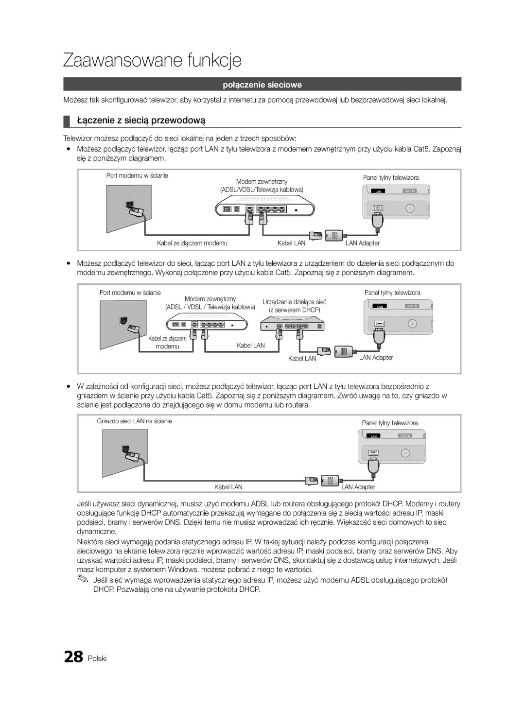 Samsung UE46C8790XSXZG, UE46C8000XWXXC manual Łączenie z siecią przewodową, Połączenie sieciowe, Się z poniższym diagramem 