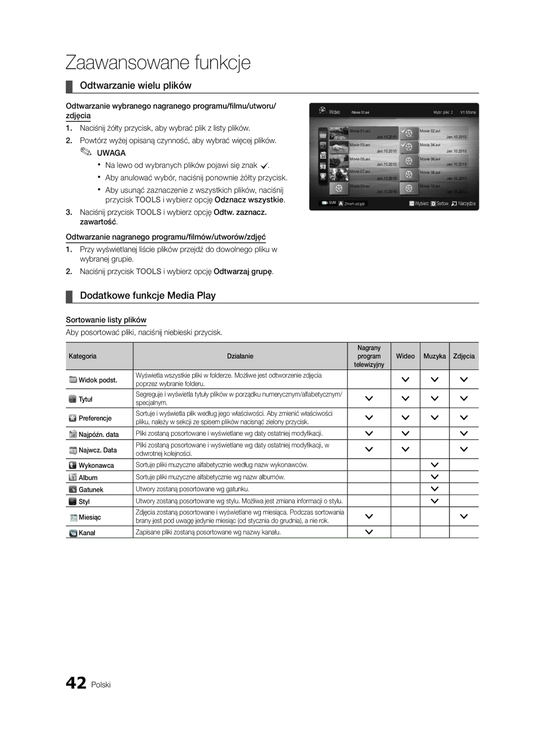 Samsung UE55C8000XWXXH, UE46C8000XWXXC, UE65C8000XWXXH manual Odtwarzanie wielu plików, Dodatkowe funkcje Media Play 