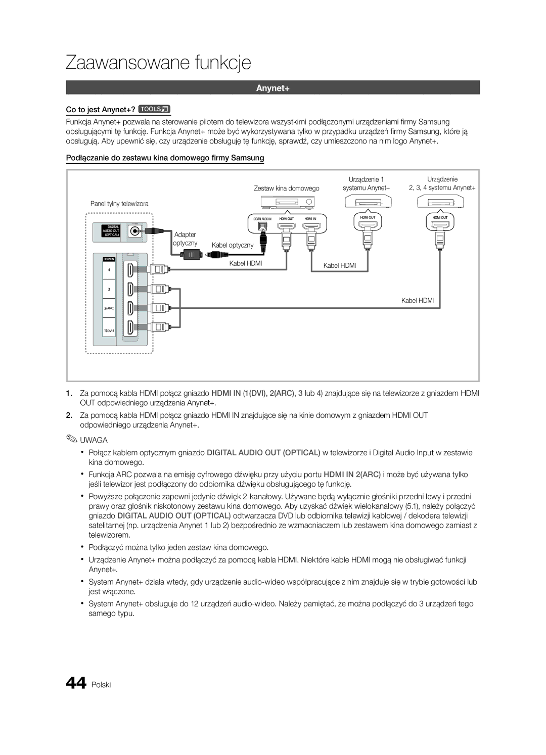 Samsung UE40C8000XWXXH, UE46C8000XWXXC manual Co to jest Anynet+? t, Podłączanie do zestawu kina domowego firmy Samsung 