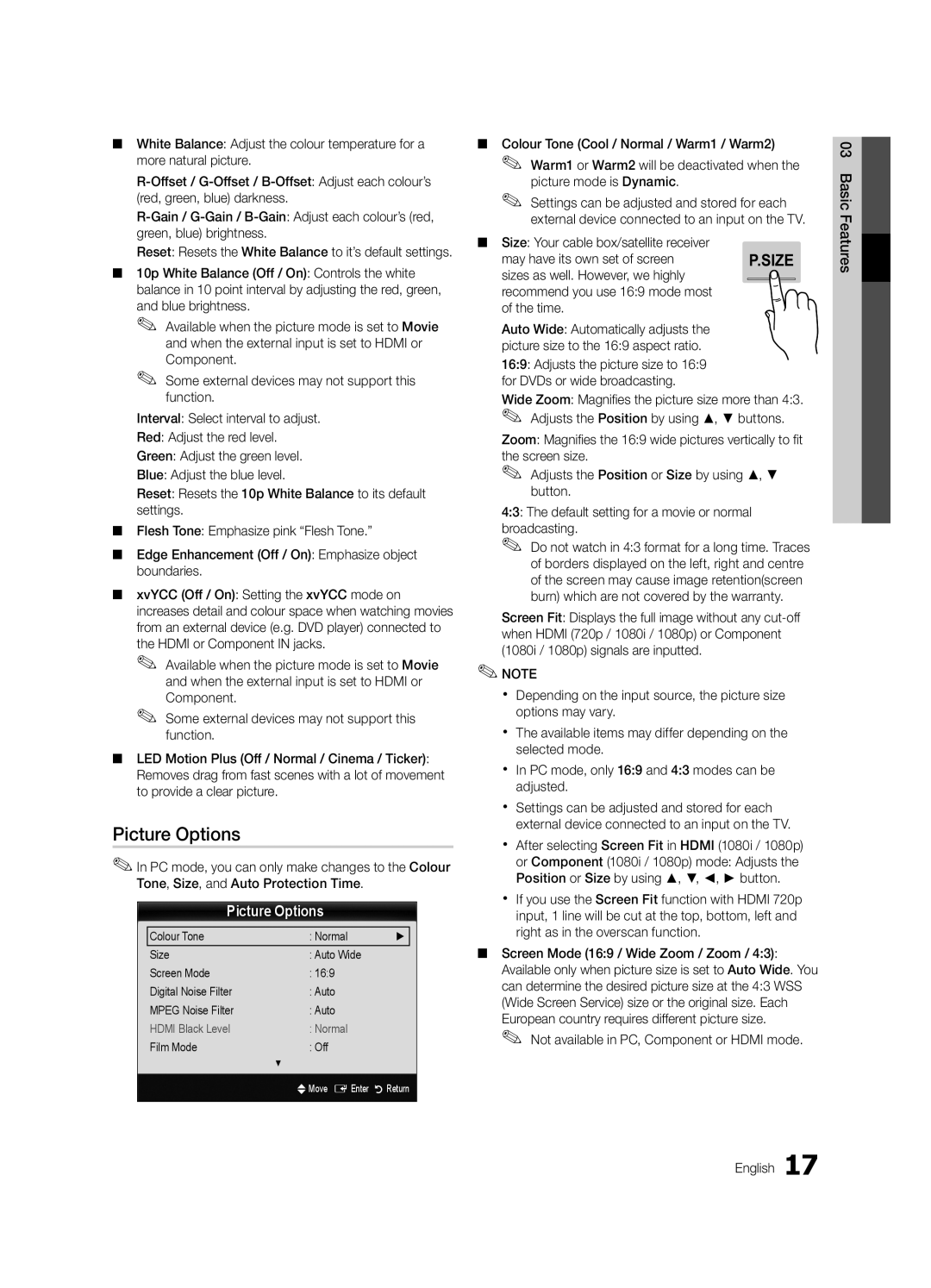 Samsung UE65C8000XWXXC manual Picture Options, Size Your cable box/satellite receiver, May have its own set of screen 