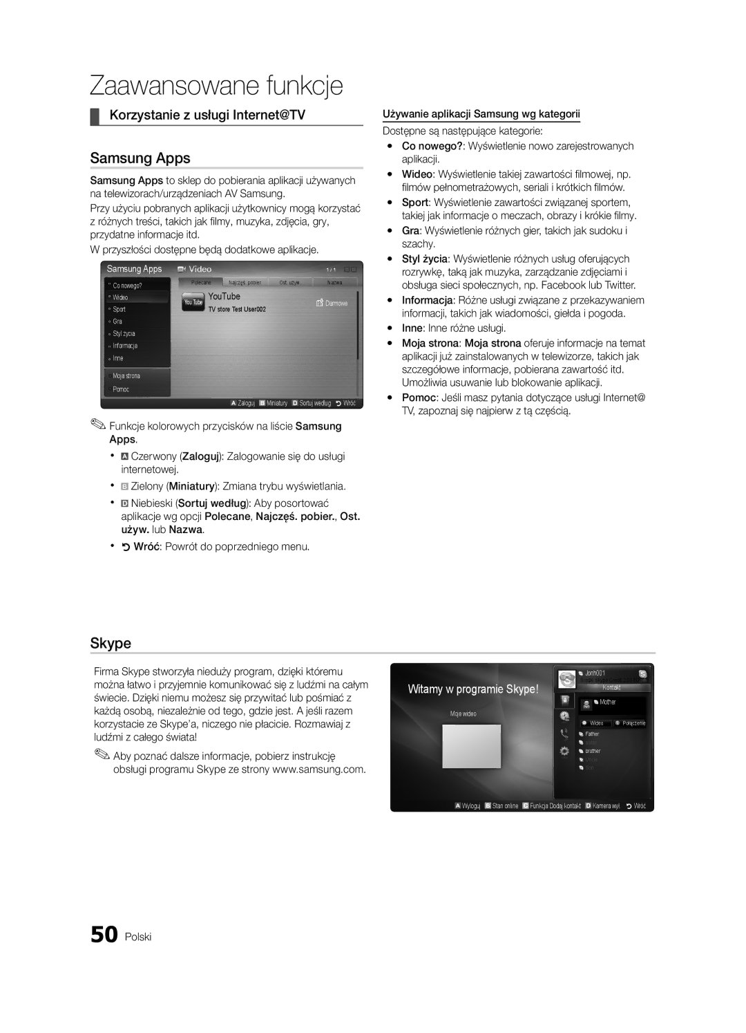 Samsung UE40C8000XWXXC manual Korzystanie z usługi Internet@TV, Witamy w programie Skype, Yy Inne Inne różne usługi 