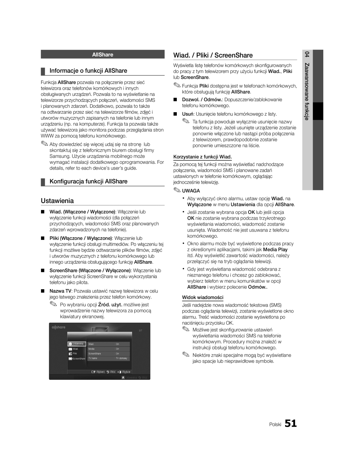 Samsung UE46C8000XWXXH manual Wiad. / Pliki / ScreenShare, Informacje o funkcji AllShare, Konfiguracja funkcji AllShare 